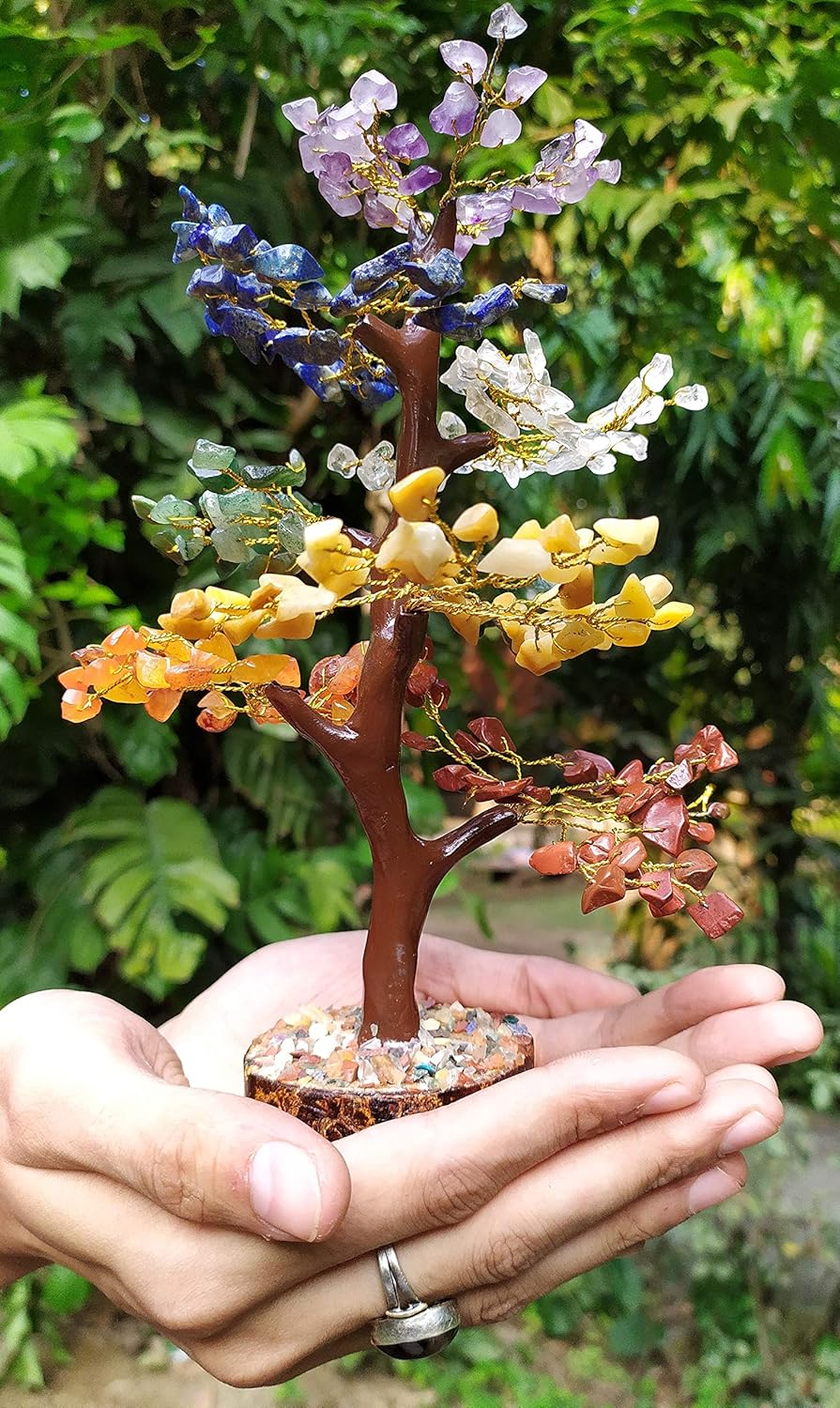 Crocon Seven Chakra Natural Healing Gemstone Crystal Bonsai Fortune Money Tree for Good Luck, Wealth & Prosperity-Home Office Decor Spiritual Gift (with Golden Wire and 300 Beads) Size 10-12 Inches: Home & Kitchen