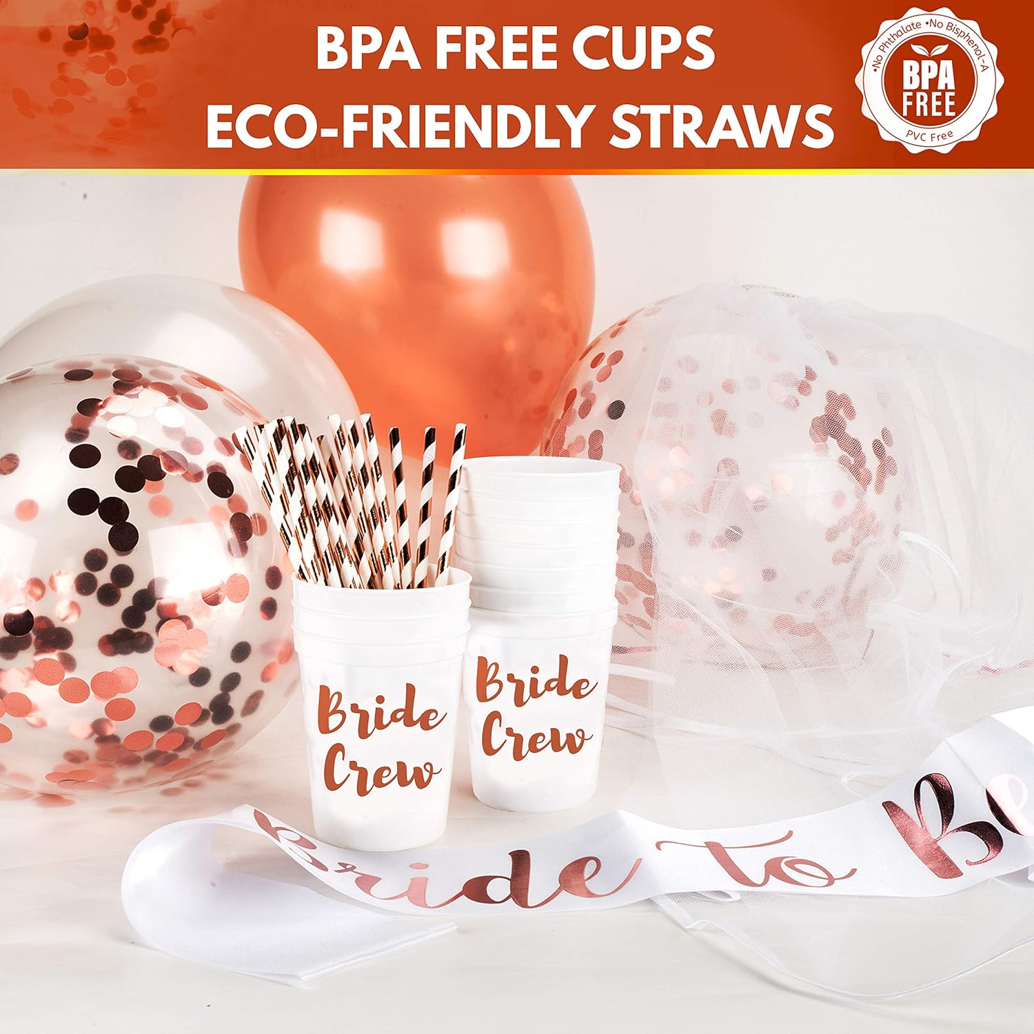 Bachelorette Party Decorations | Bridal Shower Supplies Kit - Bride To Be Sash, Cups, Straws, Veil, Banner, Balloons, Rose Gold Curtains & Decor Accessories: Home & Kitchen