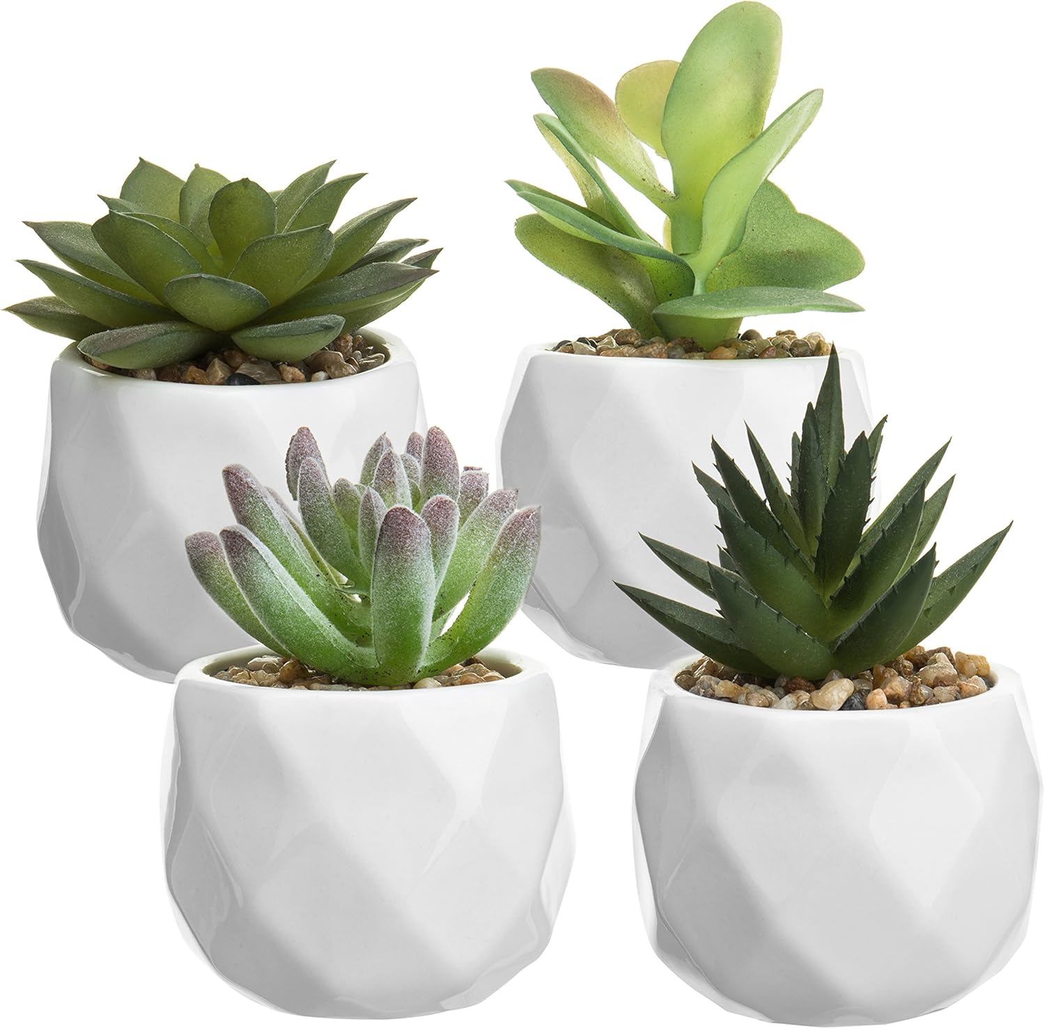 MyGift Mini Faux Succulent Plants in Faceted Ceramic Planters, Set of 4 (Plants 1)