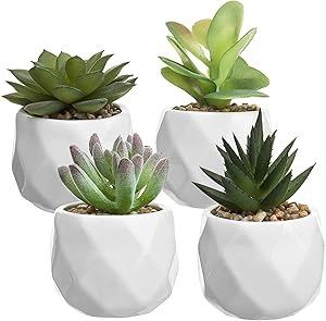 MyGift Mini Faux Succulent Plants in Faceted Ceramic Planters, Set of 4 (Plants 1)