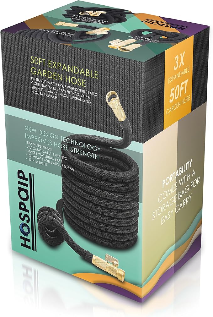 Amazon Com 50ft Garden Hose All New Expandable Water Hose With Double Latex Core 3 4 Solid Brass Fittings Extra Strength Fabric Flexible Expanding Hose With Storage Bag For Easy Carry