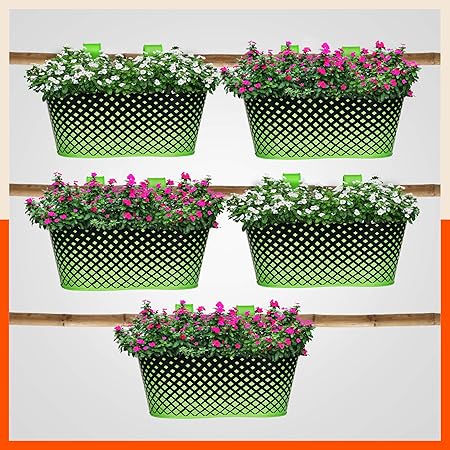 Patio by Bathla - Dia Hanging Metal Pot Holders/Planters for Balcony/Garden |Corrosion Resistant with Detachable Double Hooks |Grass - Set of 5