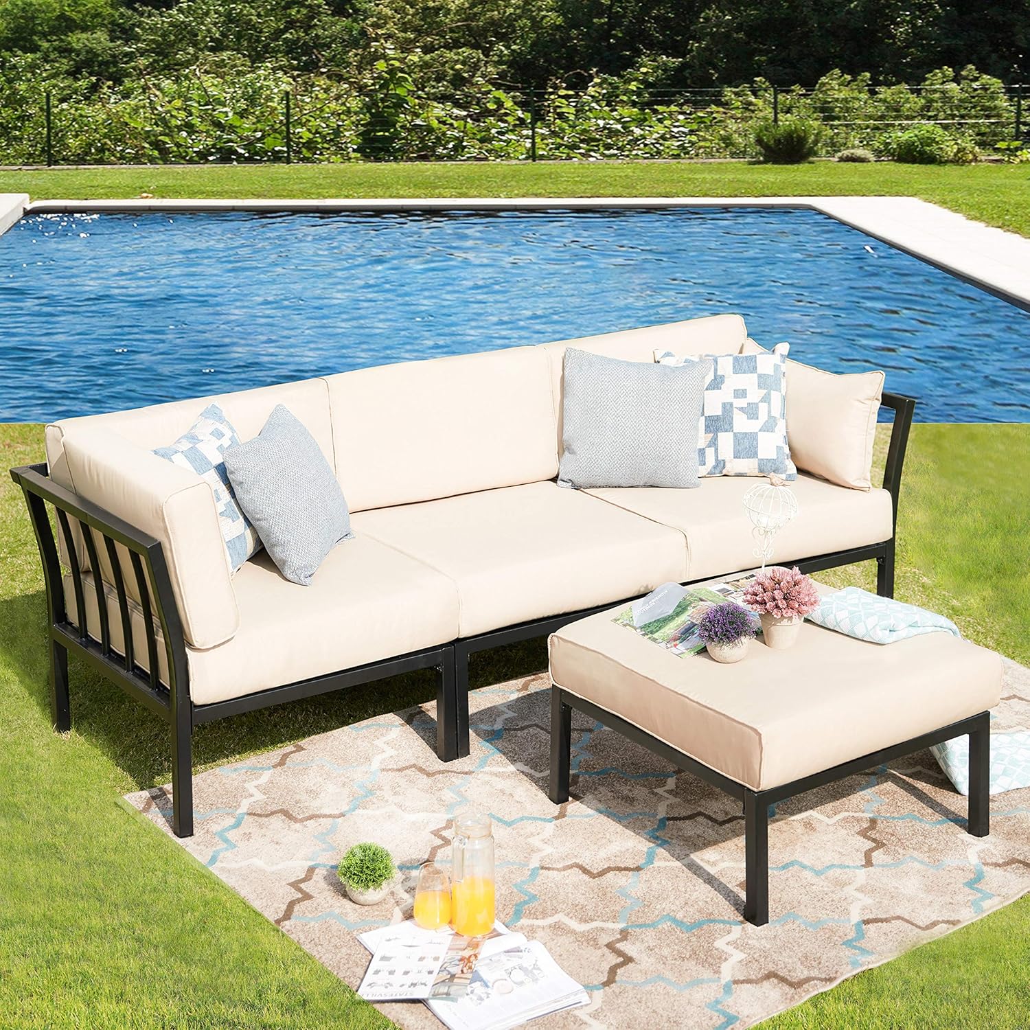 LOKATSE HOME 2 Piece Patio Sectional Furniture Set Outdoor Armchair Corner Sofa with Ottoman, 2Pcs-1, Blue Cushions : Garden & Outdoor