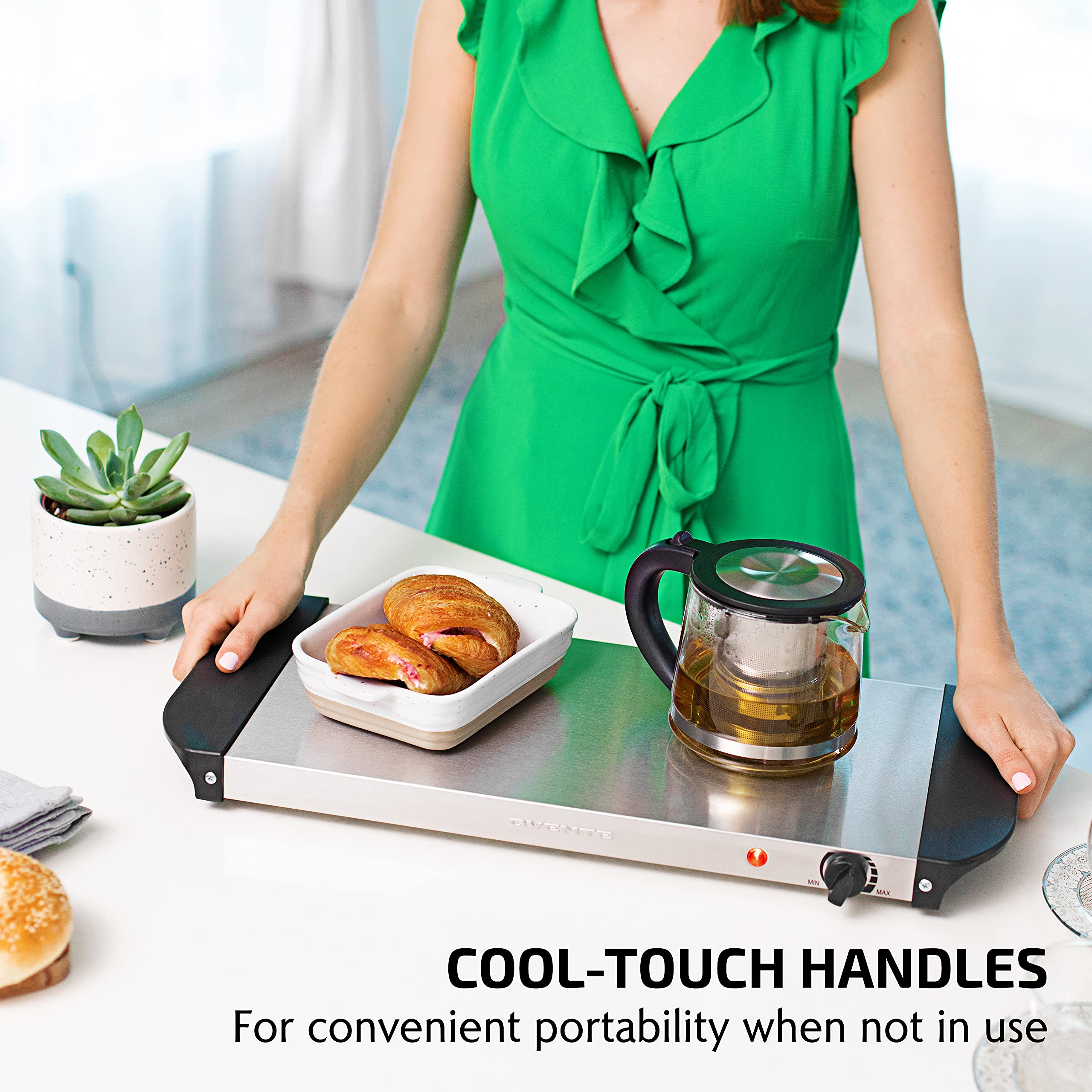 OVENTE Electric Warming Tray with Adjustable Temperature Control, Compact Food Warmer & Server for Buffets, Parties, Events, and Dinners, Cool-Touch Handles, Stainless Steel, Silver FW170S