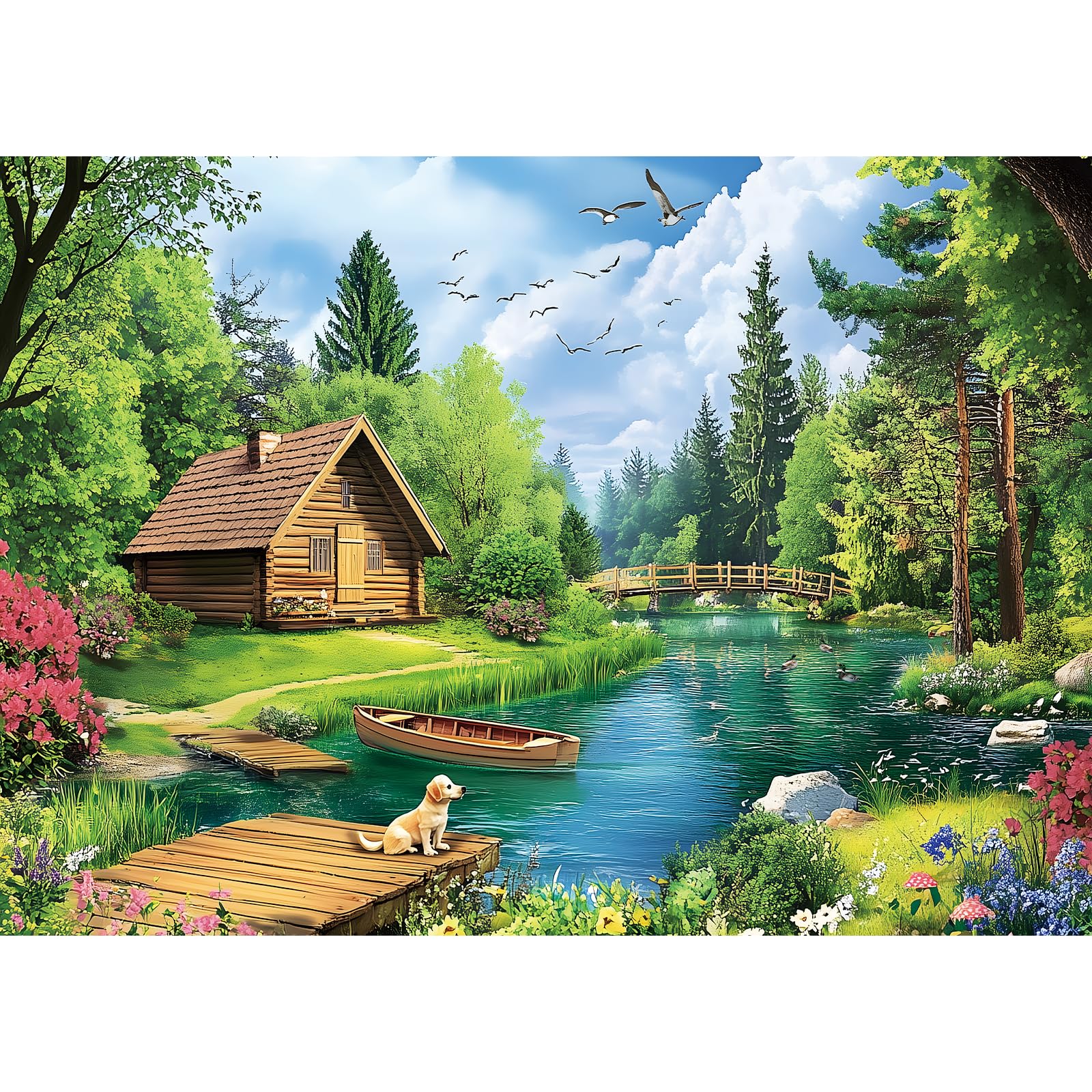 Photo 1 of 1000 Piece Puzzles for Adults, Spring and Summer Landscape Jigsaw Puzzle, Wooden House and Dog Jigsaw Puzzles 1000 Pieces, Challenging Game Home Decor Birthday Party Gift Toy for Adults Kids Seniors