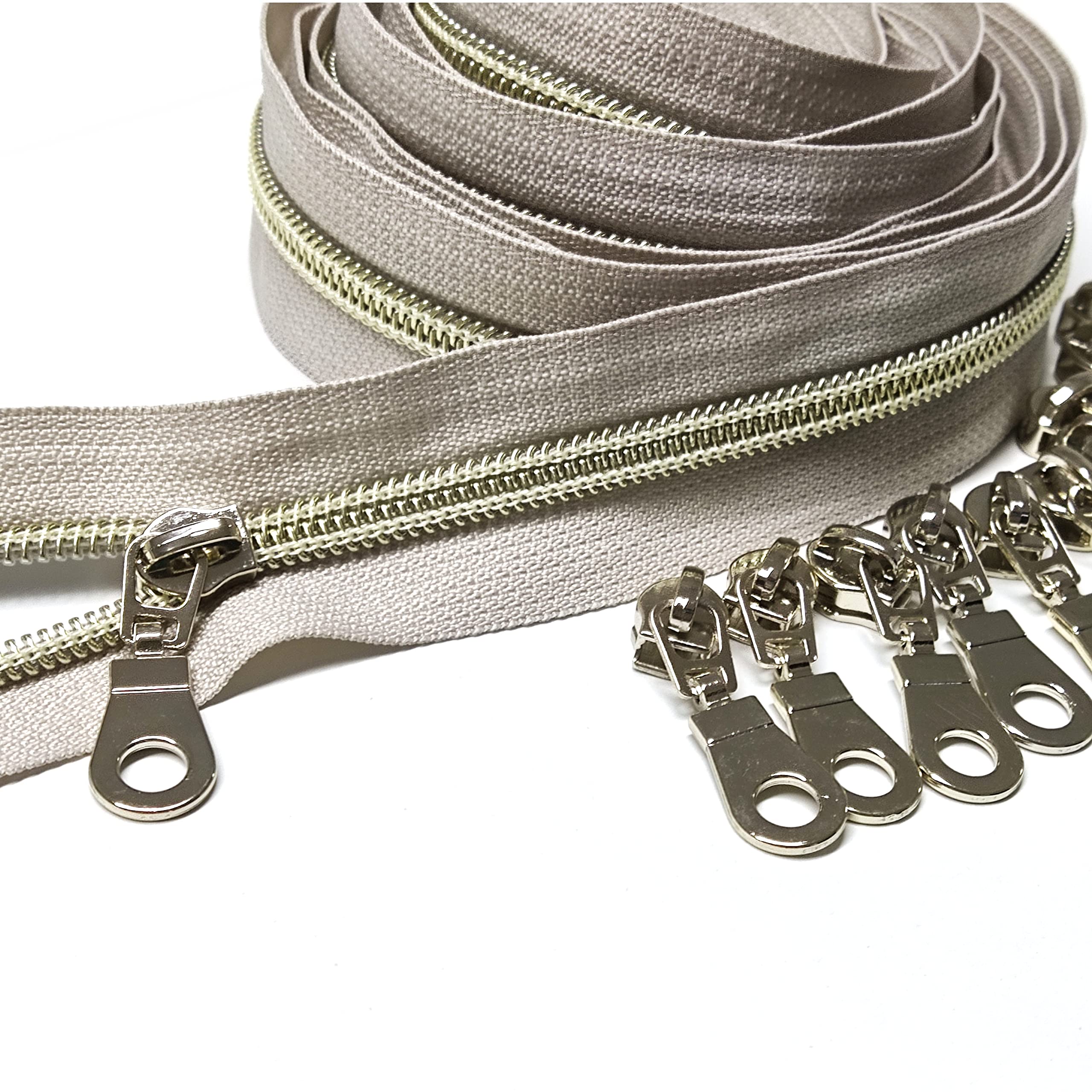 Leekayer #5 Light Gold Teeth Metallic Nylon Coil Zippers by The Yard Bulk 10 Yards Beige Tape with 25pcs Gold Sliders for DIY Sewing Tailor Craft Bag (Beige)