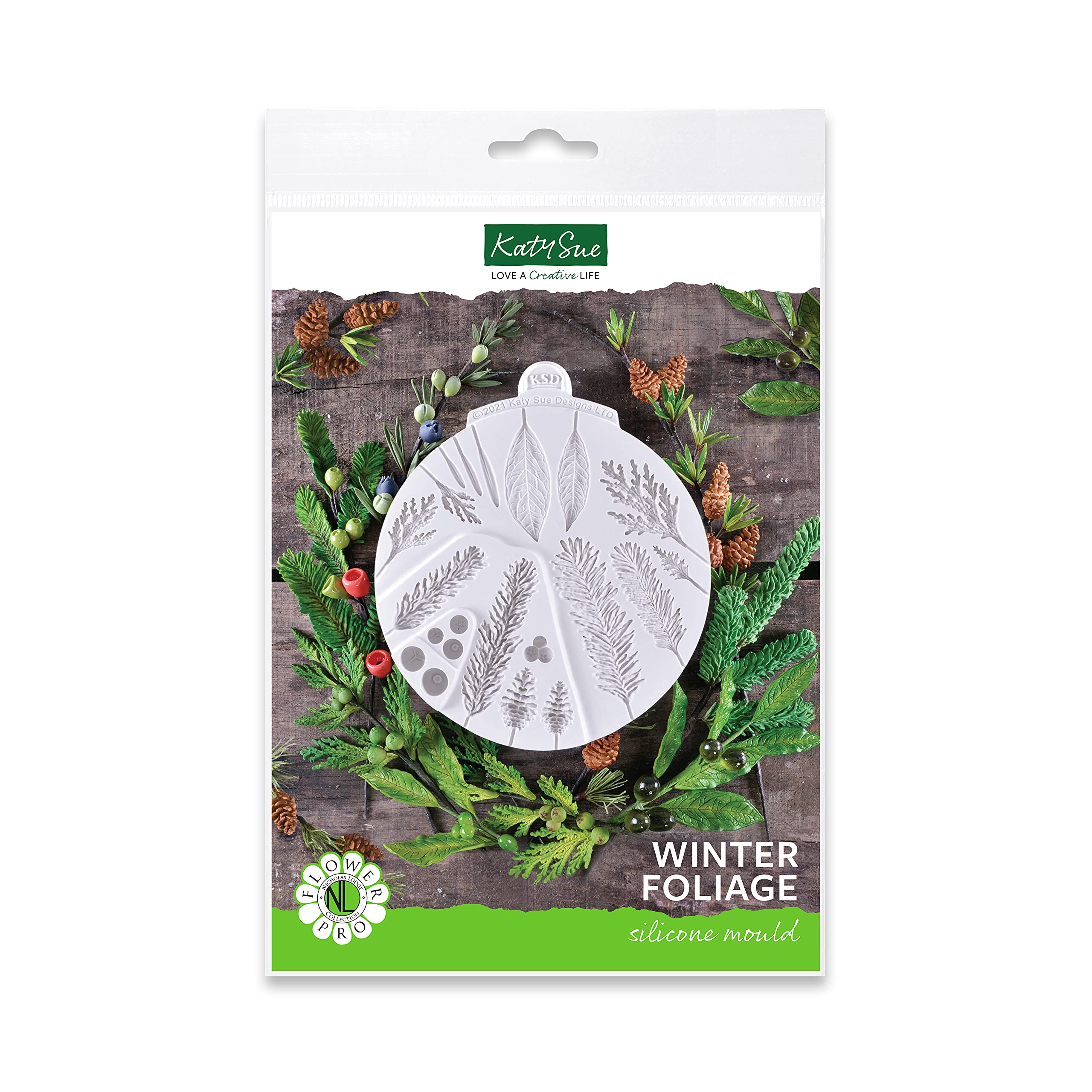 Flower Pro Winter Foliage Silicone Mould. Make 6 Types of Winter & Christmas Leaves, Foliage, & Berries from Fondant or Clay from Katy Sue Fondant Moulds for Cake Decorating & Moulds for Clay