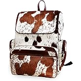 LP-FACON Western Cowhide Leather Diaper Backpack | Cow Print Cute Shower Gifts For Mom | Large Travel Bag Brown & White