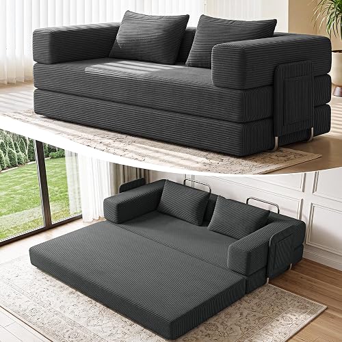 78" 5-in-1 Convertible Futon Sofa Bed, Boneless Couch for Living Room | Thick Corduroy Boneless Sofa Bed, 4-Bracket Frame, Storage Pocket, Modular, No Assembly for Guest Room or Apartment|Dark Gray