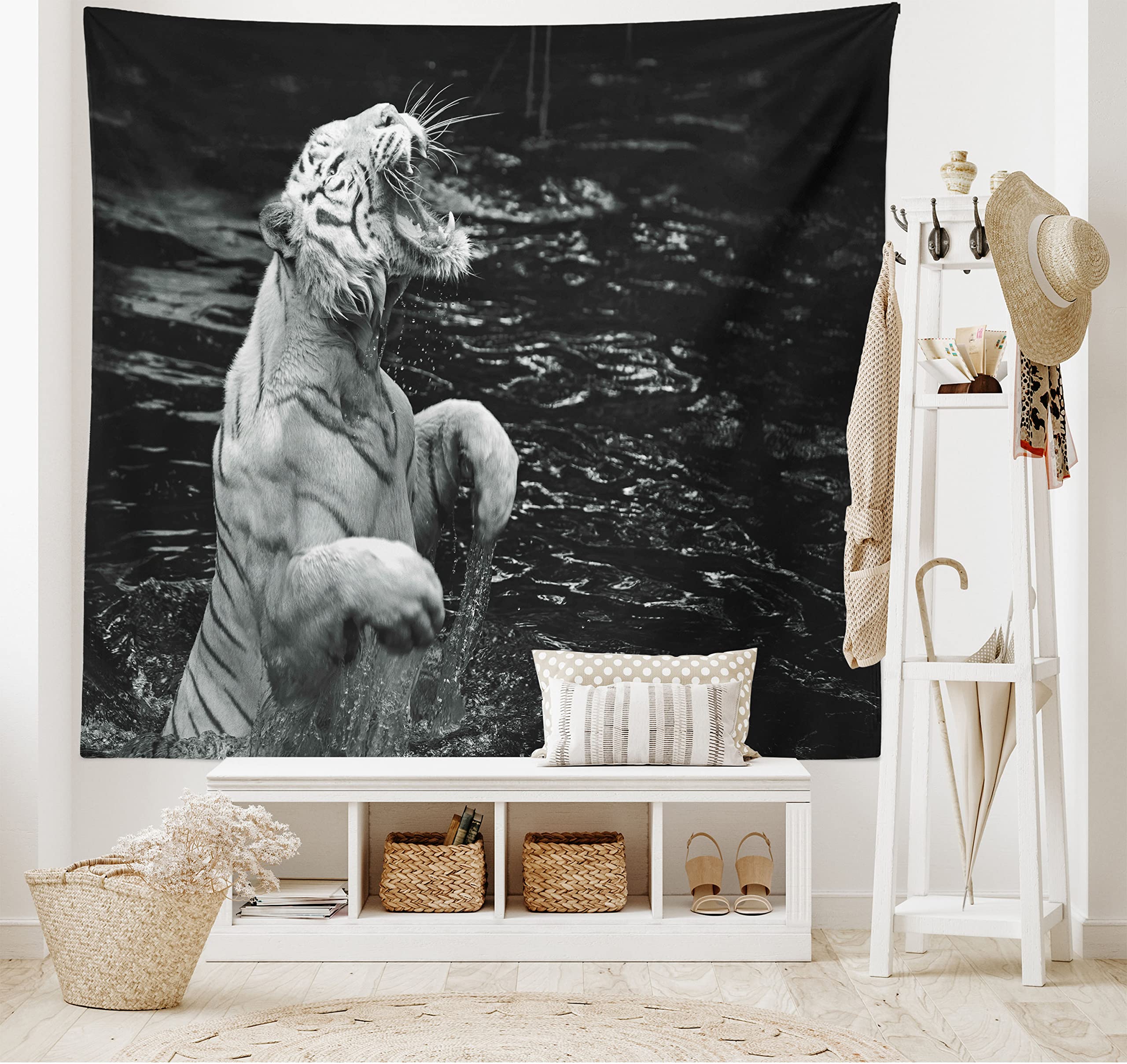 ABAKUHAUS Safari Tapestry, White Tiger Wintertime Rare Animal Portrait Eyes Wildlife Environment, Fabric Wall Hanging Decor for Bedroom Living Room Dorm, 230 x 140 cm, Charcoal Grey Pale Grey