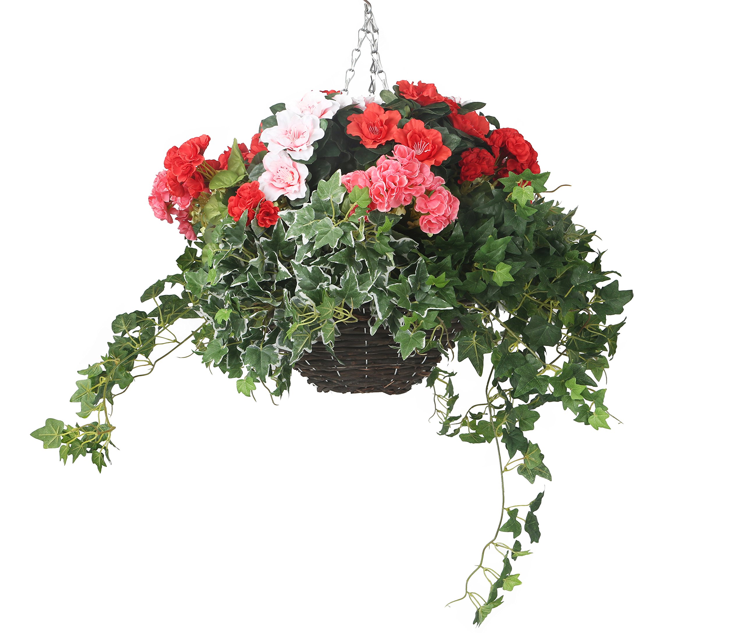 Closer2Nature Artificial Red and Pink Geranium and Azalea Display in a 12" Round Willow Hanging Basket