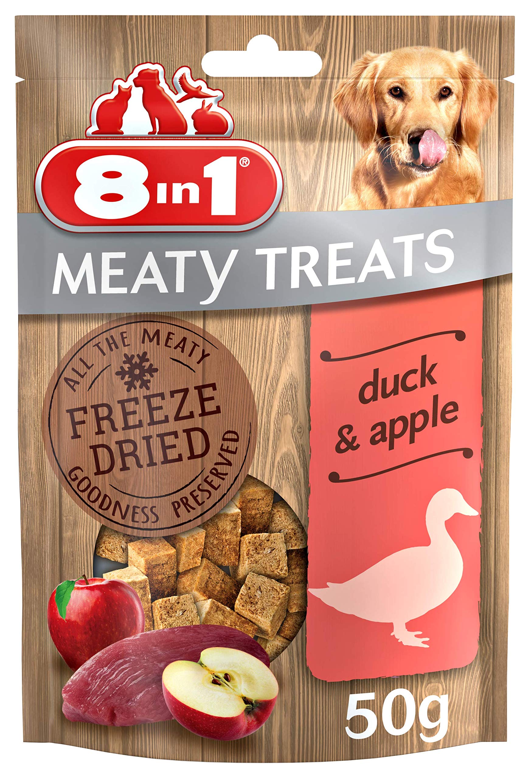 8in1 Meaty Treats, freeze dried snacks for dogs with duck and apple, grain free, no sugar, 50g