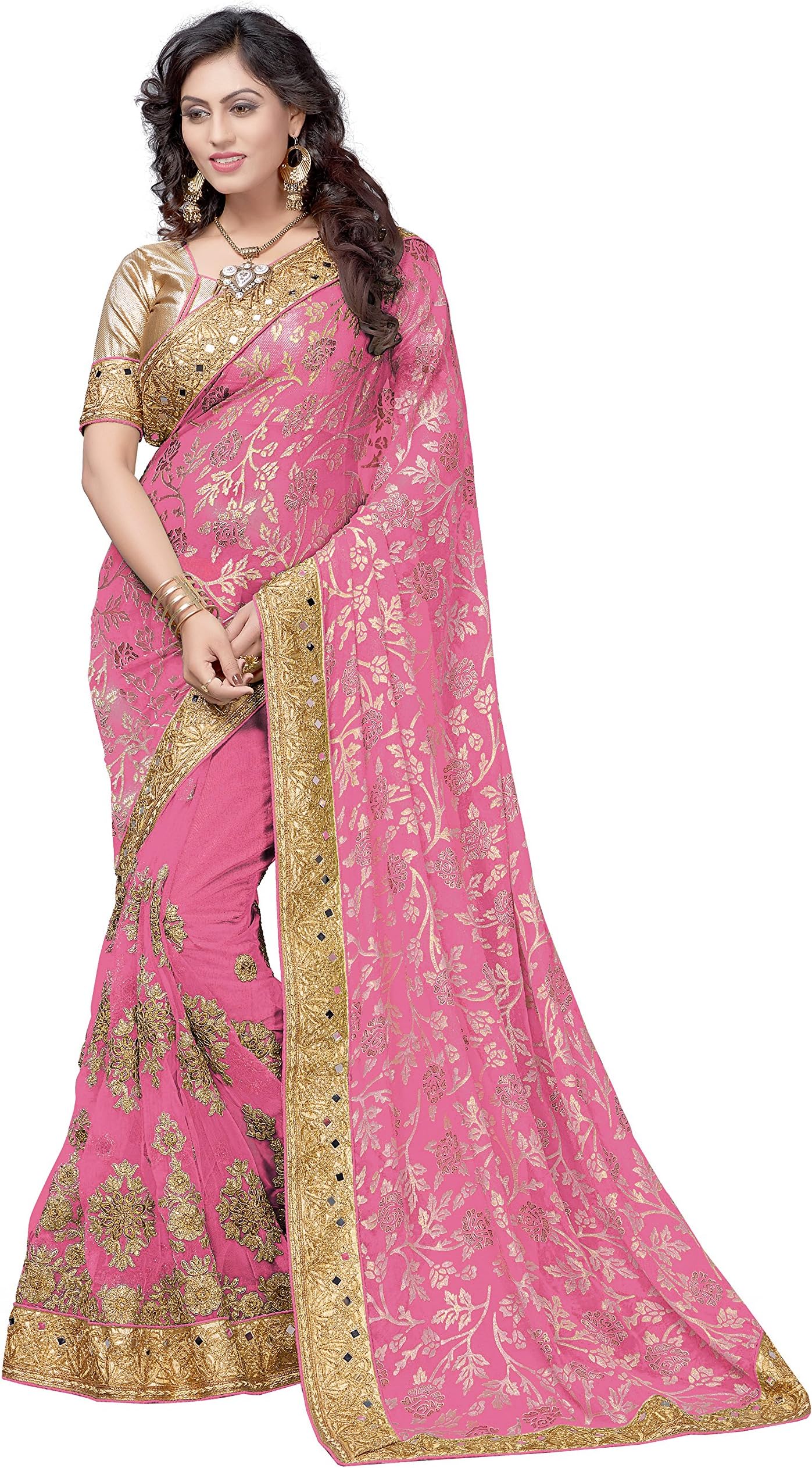 Women's Brasso and Net Embroidery Mirror Work Half Half Saree With Blouse Piece