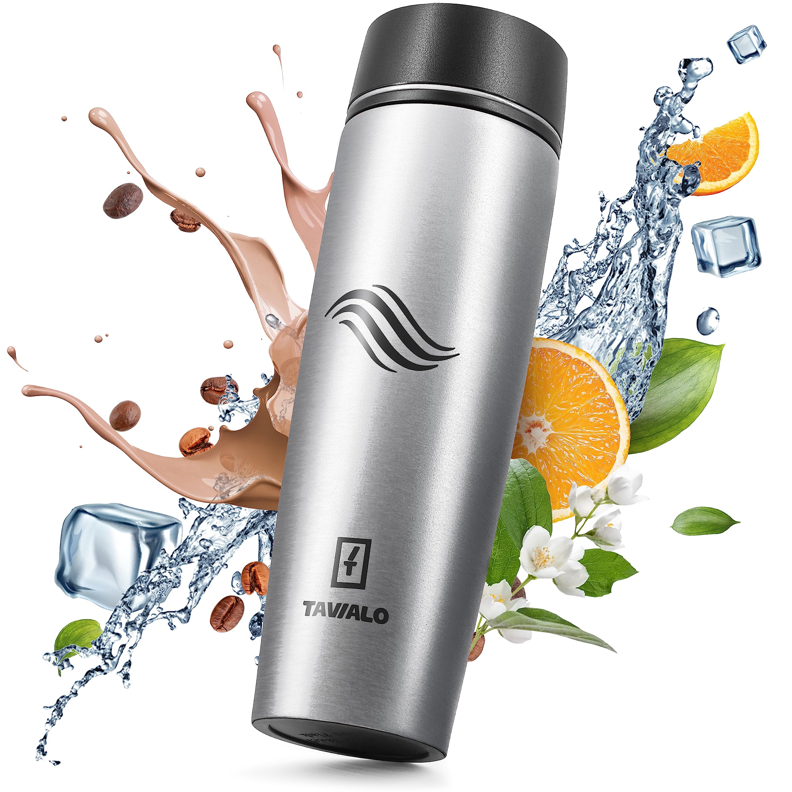 TAVIALO Thermal Mug, Travel Mug 460 ml, Silver, Stainless Steel Thermal Flask with Heat Insulation, Leak-Proof and Robust