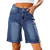 luvamia Bermuda Jean Shorts for Women High Waisted Trendy Stretchy Denim Shorts Knee Length Cutoff Loose Fit Long Shorts