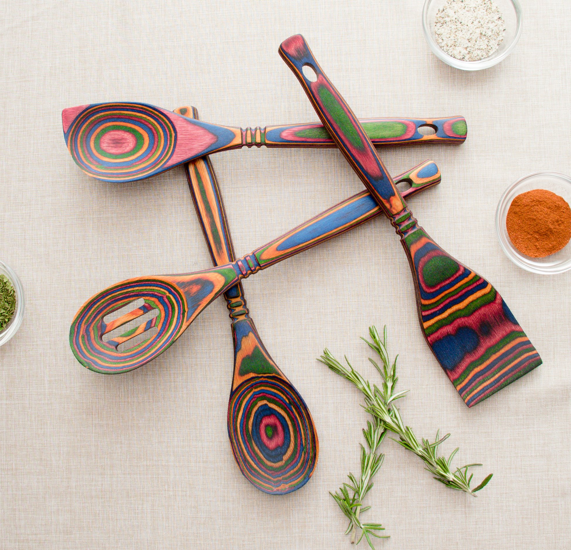 Island Bamboo Rainbow Pakkawood 12" Wooden Spoon Set of 4 with Standard