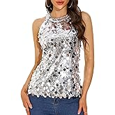 GUANYY Halter Sequin Tops for Women Sleeveless Sparkly Glitter Shiny Tank Top Party Concert Sequence Blouse