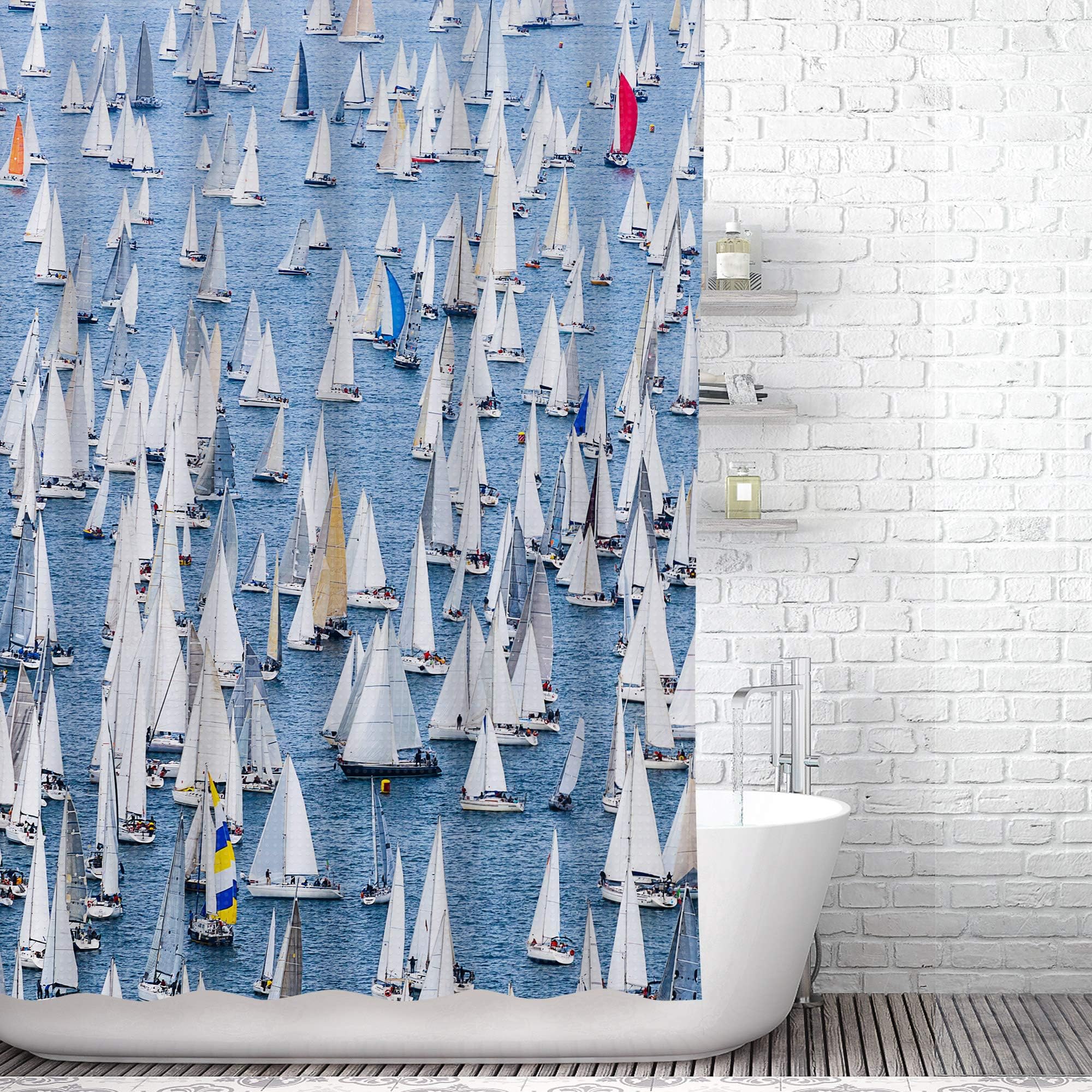 Traveling Twins Nautical Ocean Sailboat Hookless Shower Curtain (100% Polyester Waffle Fabric, Waterproof and Mildew Resistant + Liner Attachments Included) - 72 x 72 Inches