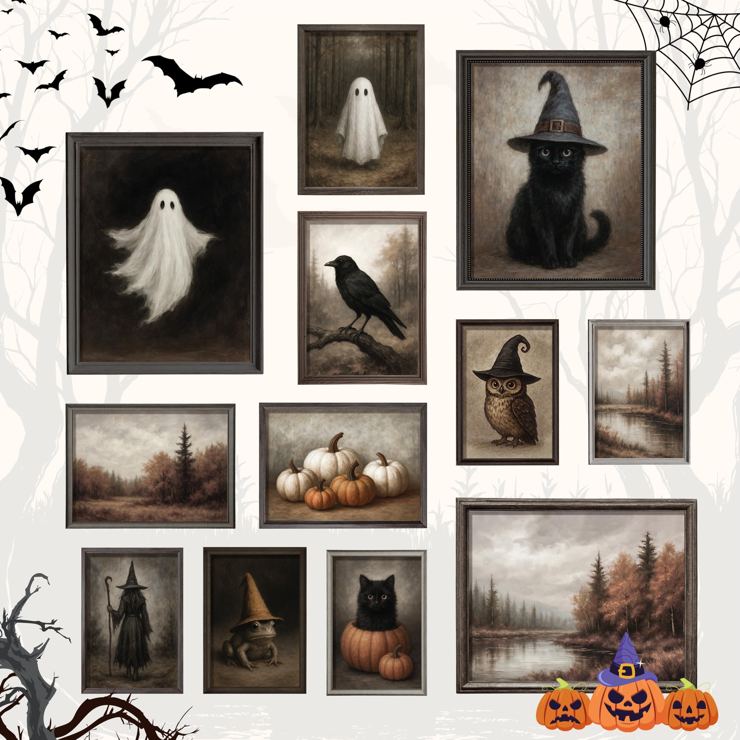 Photo 1 of 97 Decor Vintage Halloween Wall Art Prints - Ghost Pictures Wall Decor For Bedroom, Witchy Posters For Room Aesthetic, Dark Gothic Art Black Cat Painting, Fall Halloween Decorations Indoor (UNFRAMED)