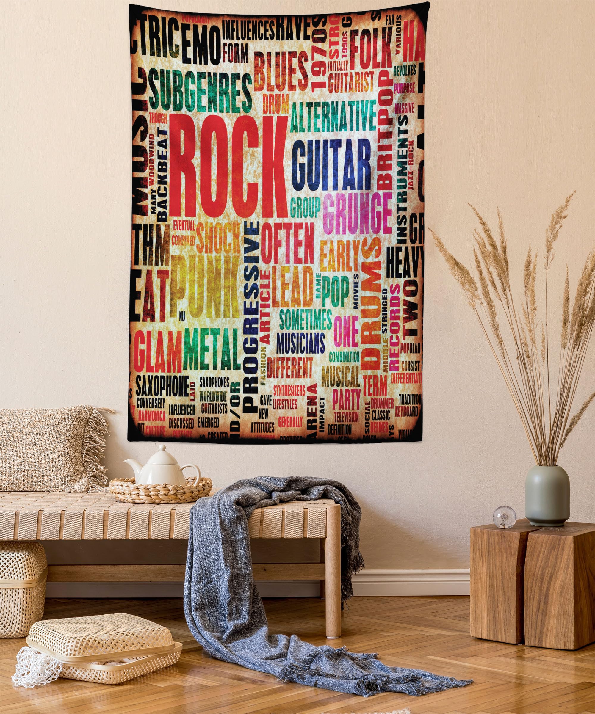 ABAKUHAUS Music Tapestry, Retro Rock Roll Lettering Grunge Distressed Colors Back then Sound Music Theme, Fabric Wall Hanging Decor for Bedroom Living Room Dorm, 54 W X 90 L, Red Black Beige