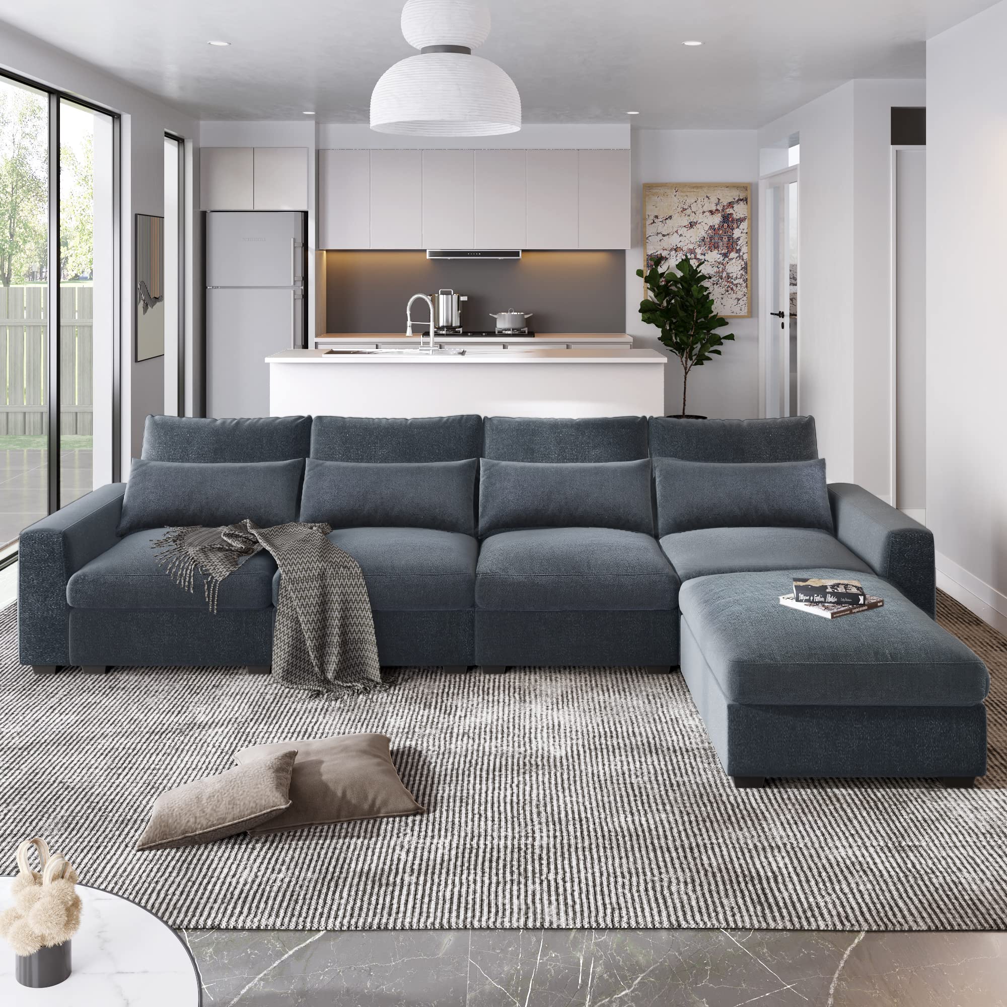 Photo 1 of **ONLY BOX 2/4, MISSING BOX 1,3, and 4** 130-Inch Oversized L-Shaped Modular Corner Sectional Sofa Deep Seat Reversible Chaise Cloud Cushion Down Feather Sofa Couch with Movable Ottoman and 4 Lumbar Pillows for Home Apartment Living Room