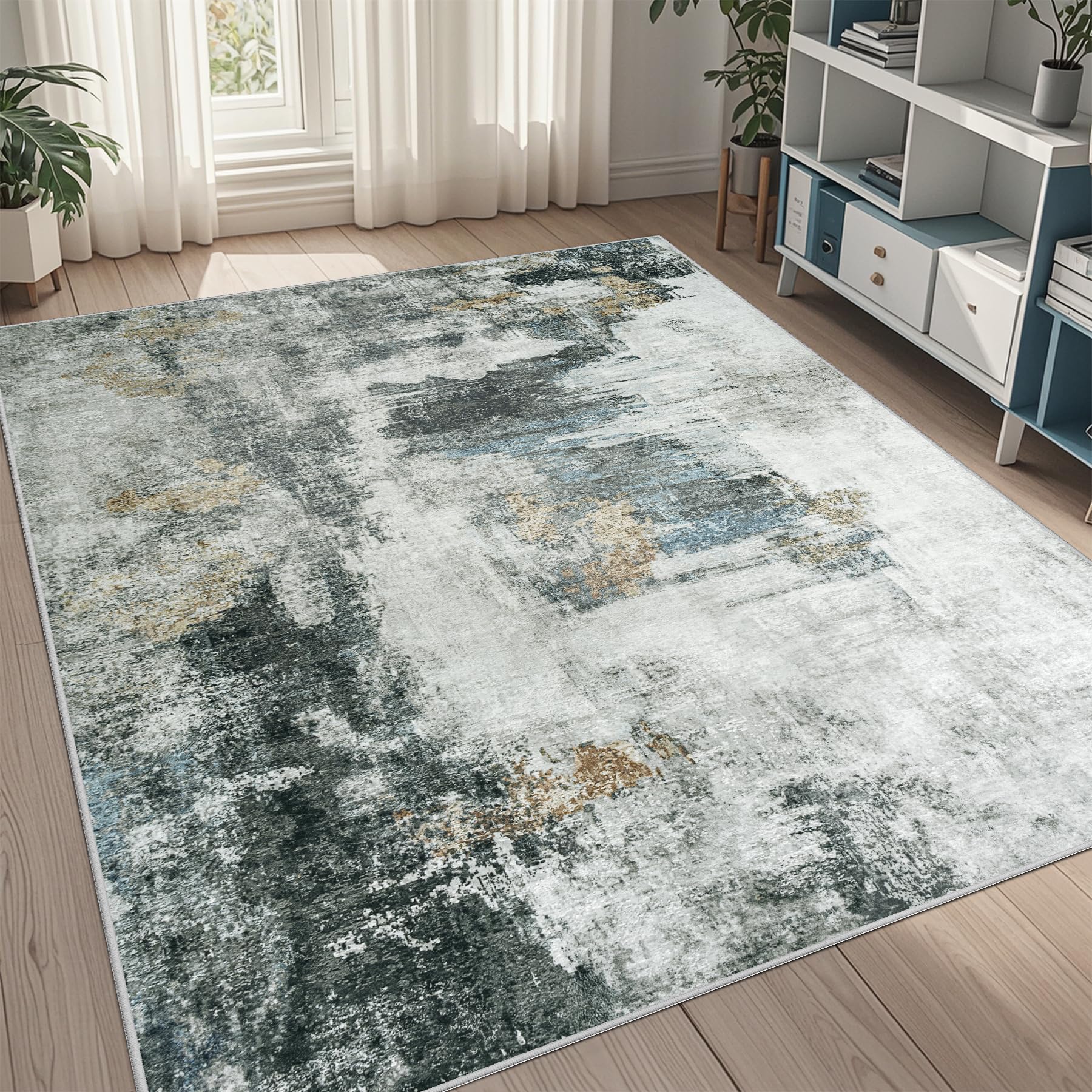 5x7 Area Rugs for Living Room Rug Washable: Abstract Rug for Dining Room Bedroom Carpet Non Slip 5 by 7 Indoor Modern Nursery Home Office Black Gold Image