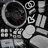 NBTEPEM 30 Pcs Bling Car Accessories Set for Women, Silver Steering Wheel Cover Set, Bling Console Cover, Seat Belt Cushion, Shift Knob Cushion, Cup Holder Coaster, Rhinestone Car Hanging Accessories