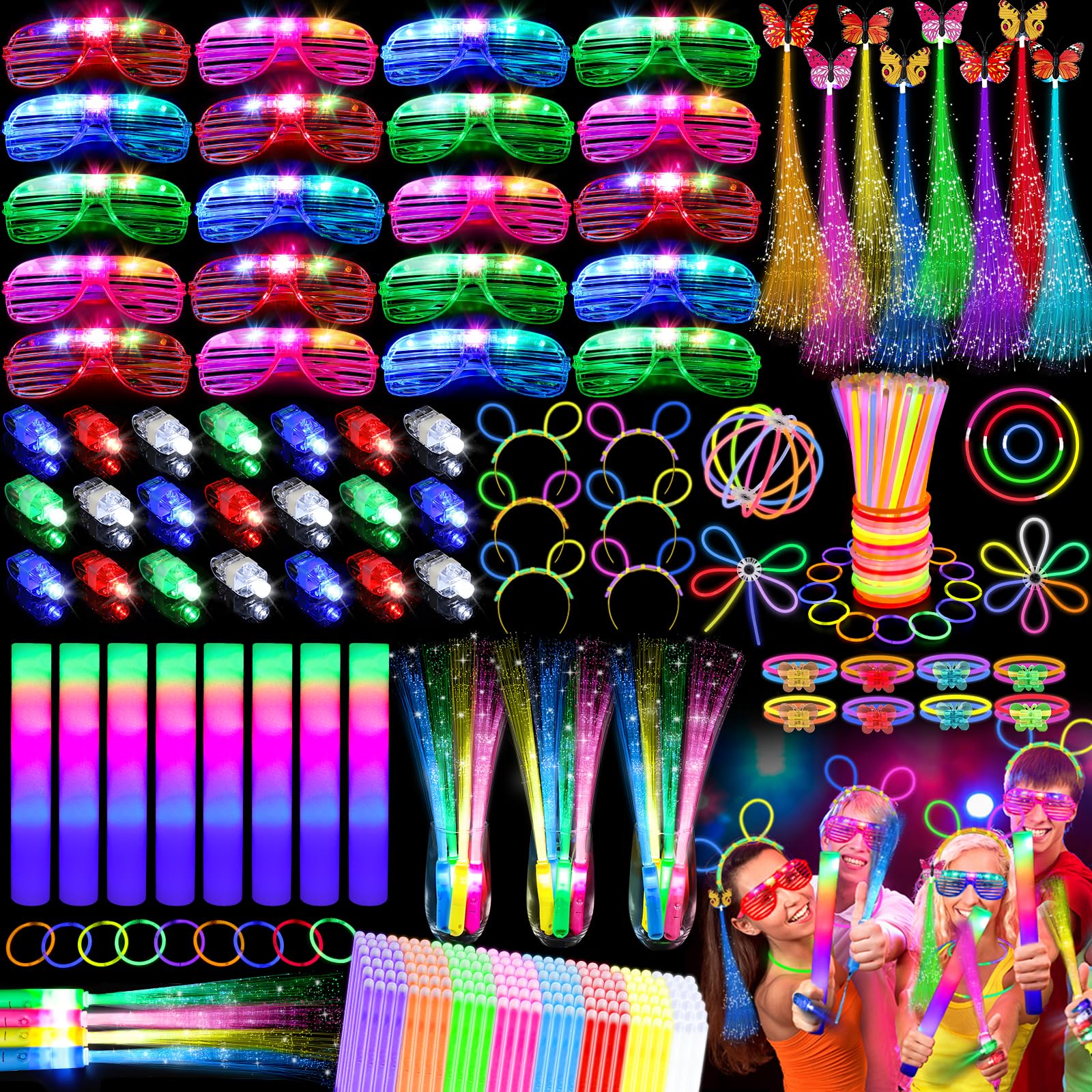 Photo 1 of 298PCS Glow in the Dark Party Supplies, 12PCS Glow Fiber Optic Wands, 20PCS LED Glasses, 8PCS Foam Glow Sticks and 200PCS Glow Sticks Bracelets, Light Up Party Favors for Wedding, Concert, Birthday