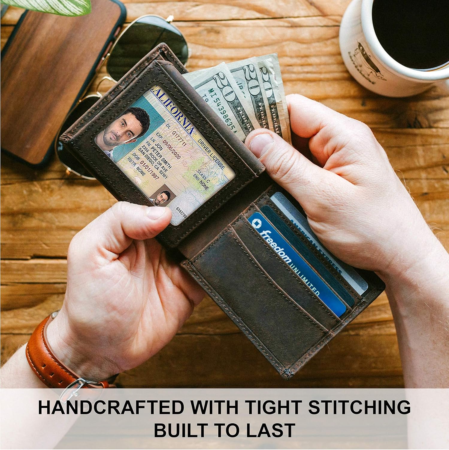 Top Grain Leather Wallet for Men | Ultra Strong Stitching | Handcrafted Argentinian Leather | RFID Blocking | Extra Capacity Bifold Wallet with 2 ID Windows | Slim Billfold with 10 Card Slots | Perfect Gift for Him