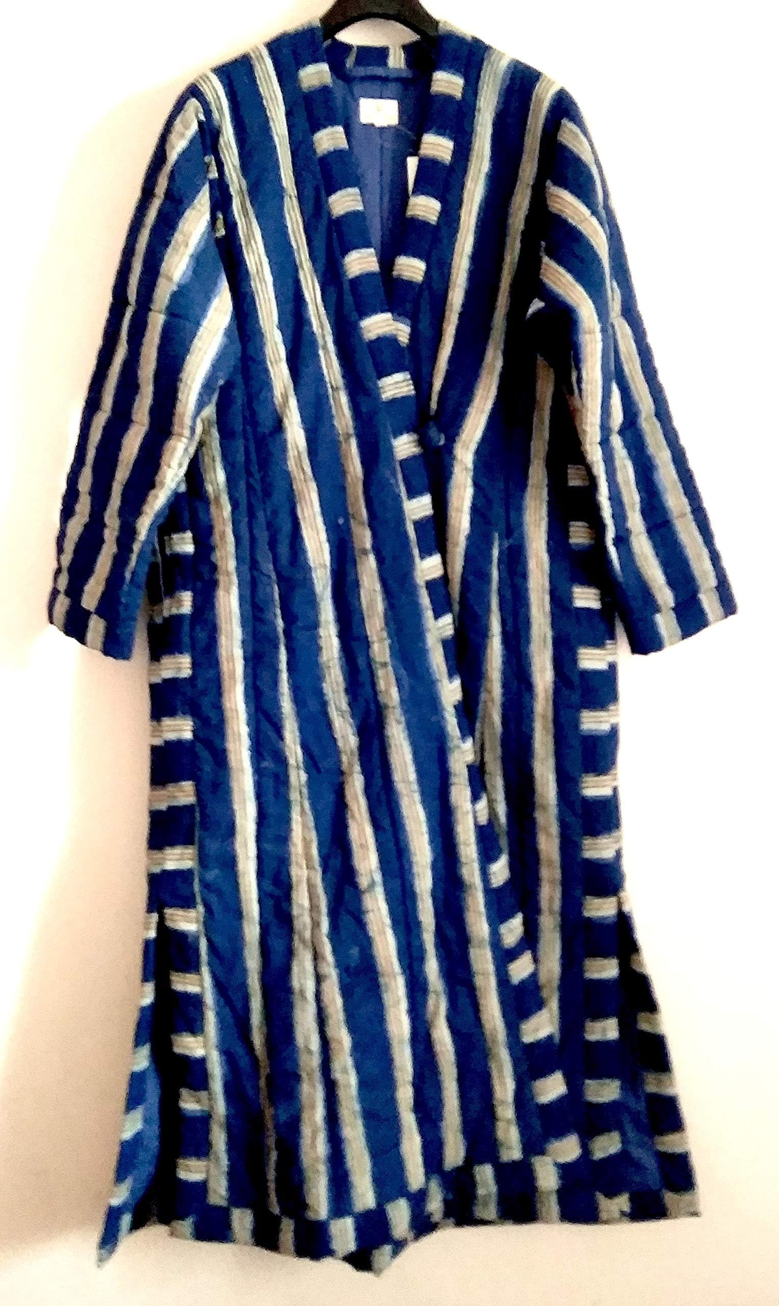 Organic Indigo Stripe Anokhi Hand block print Quilted Indian Cotton Mughal style Coat Robe One Size