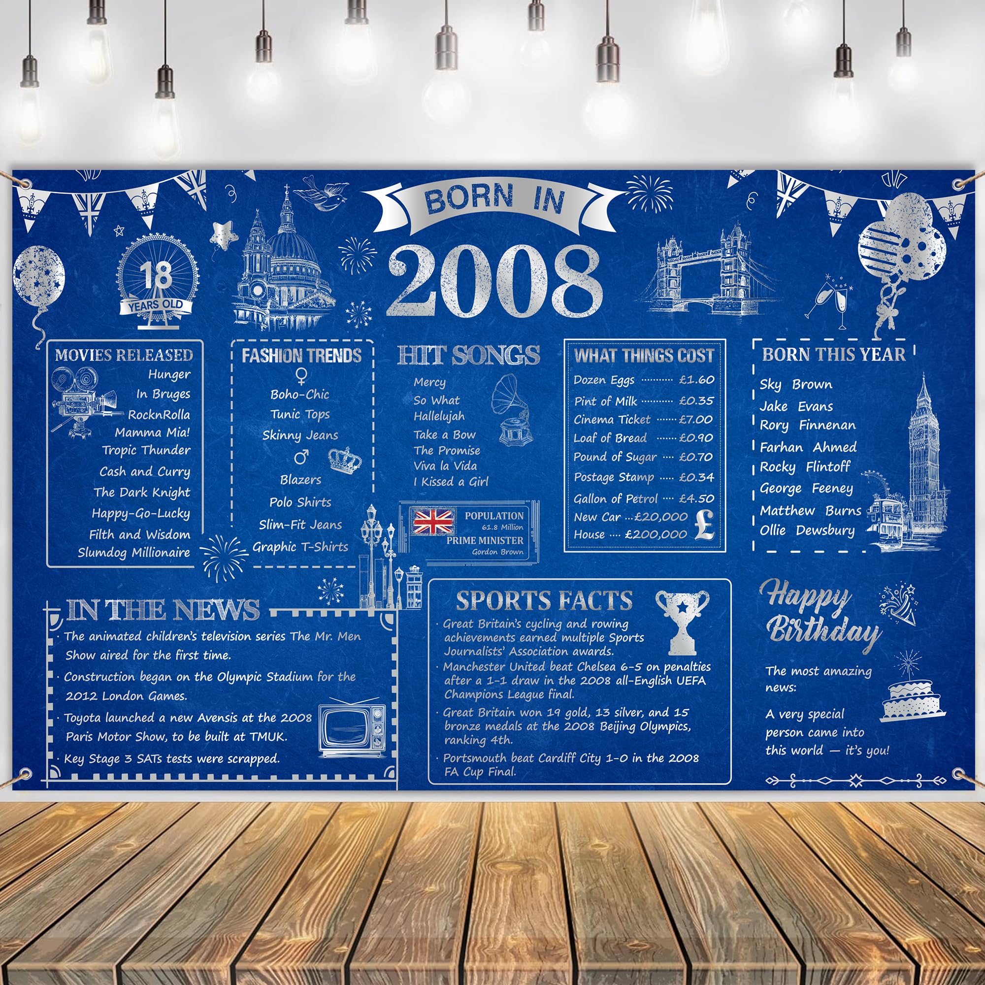 18th Birthday Backdrop Banner Decorations - Blue Silver Born in 2008 Uk Background Banner for Boys Girls, Large Photo Backdrop Poster Decor for 18 Years Old Party Supplies (180x110cm)