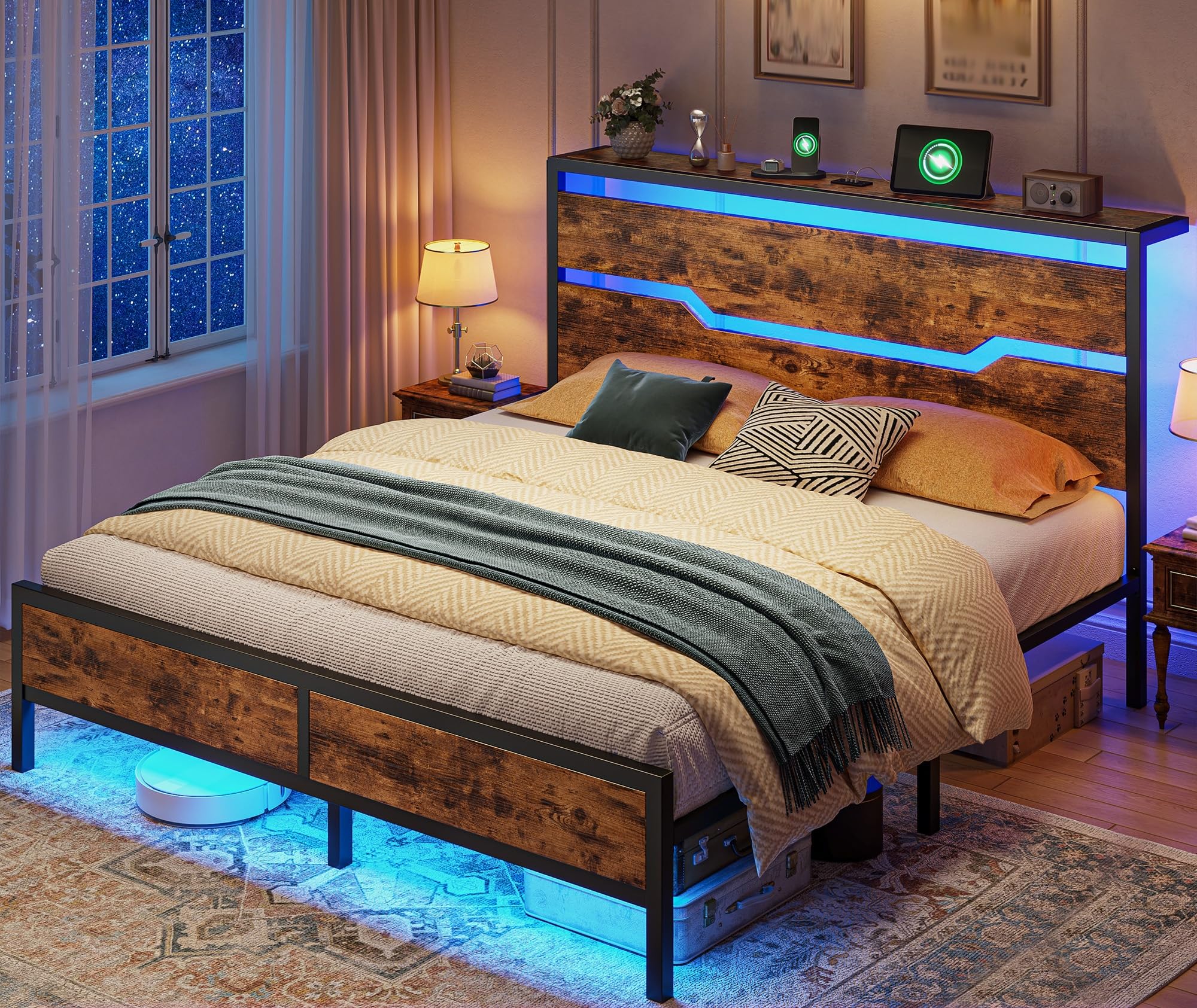 Homkdom Queen Platform Bed Frame with Headboard and Storage,Queen Bed Frame with LED Lights & Charging Station, Metal Camas Queen, No Box Spring Needed,Modern Brown