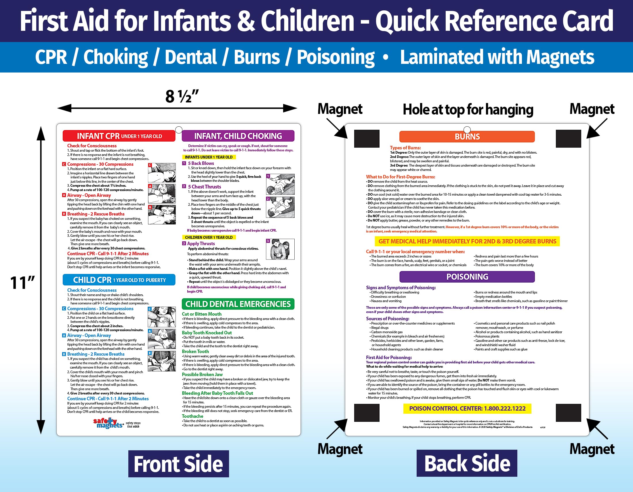 Infant, Child First Aid Magnet - CPR, Choking, Poison Control, Burns, Dental Emergency Instructions - Laminated Quick Reference Card, 8.5