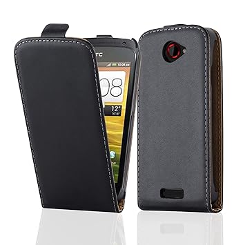 Cadorabo Hülle für HTC One S Hülle in KAVIAR Schwarz Handyhülle aus Glattem Kunstleder im Flip Design Case Cover Schutzhülle 