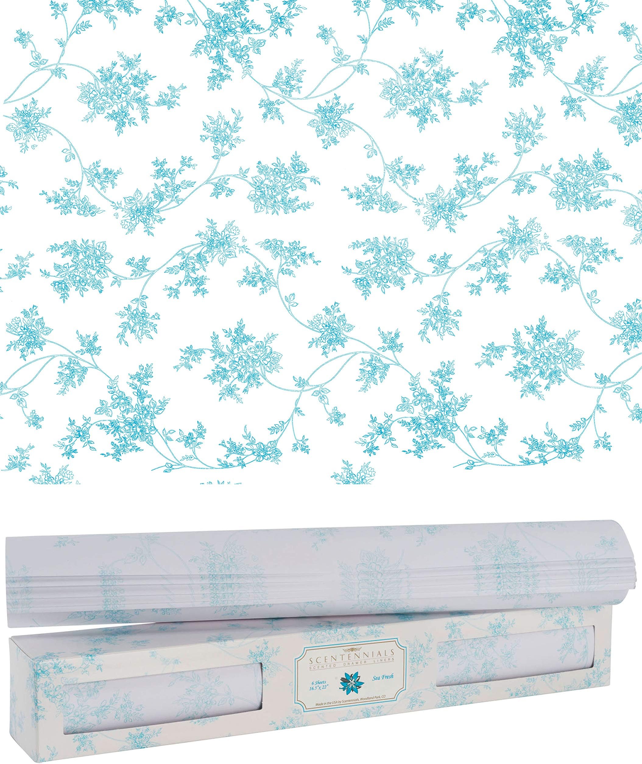 Scentennials Fragrant Drawer Liners - Floral Print - Twelve (12) Large 16.5 x 22 Inch Non-Adhesive Paper Sheets - Perfect for Closet Shelves and Dresser Drawers (Sea Fresh)