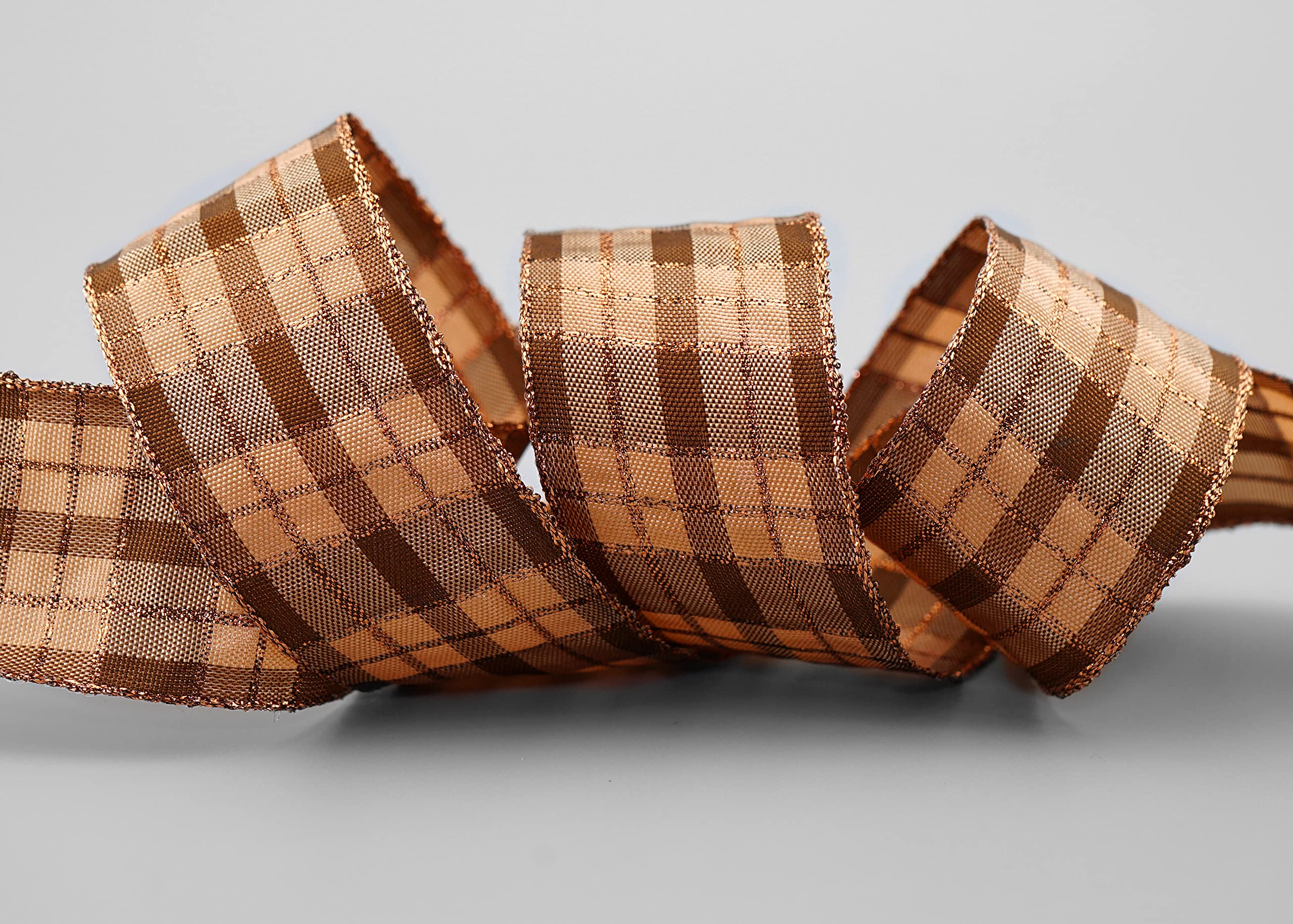 20 m x 40 mm Christmas Ribbon Brown Copper (149) with Lurex Wired Edge Ribbon Bronze Decorative Ribbon Gift Ribbon Tartan Shiny Ribbon Gold Edge Wire Ribbon Winter Christmas Check — image 1