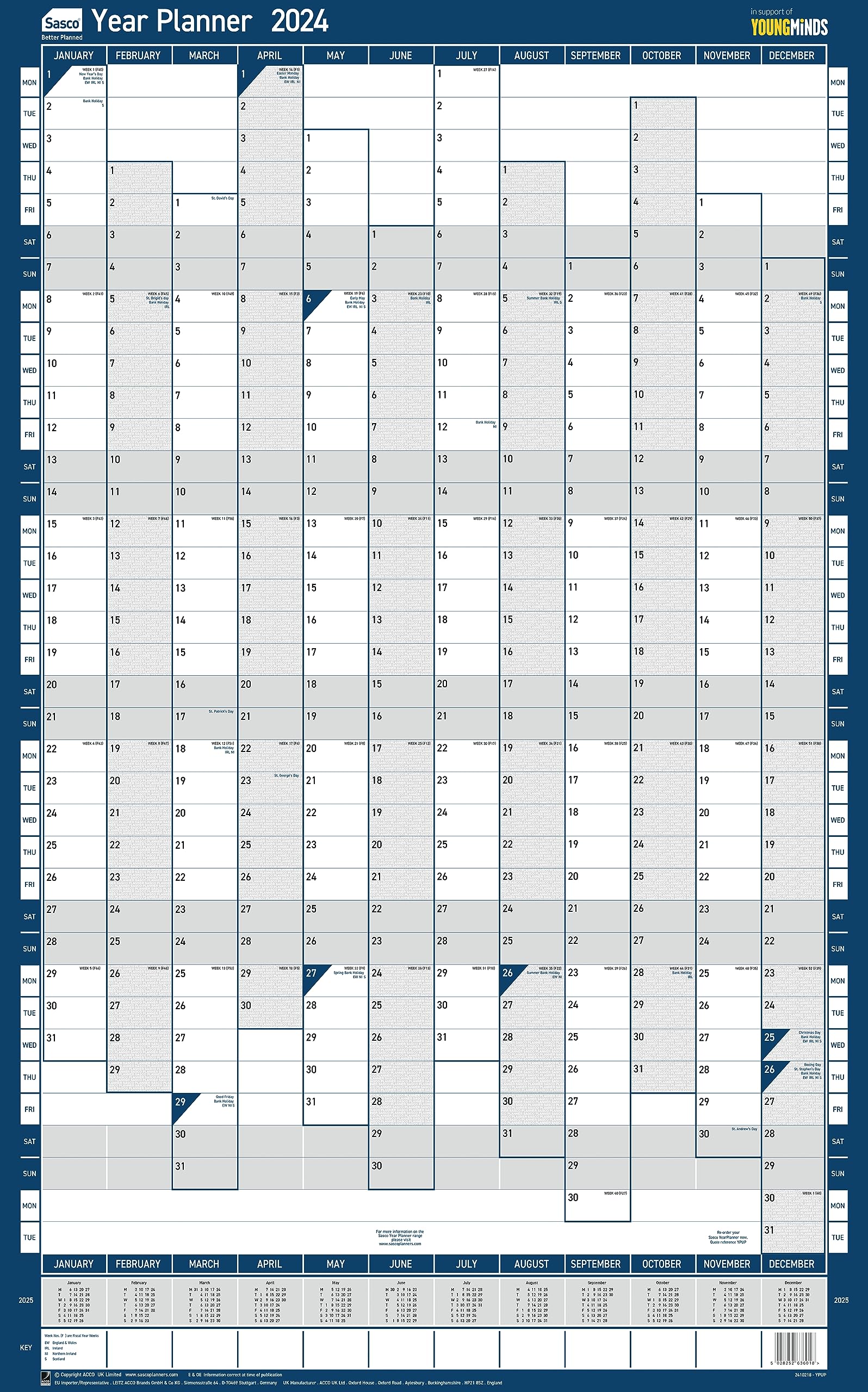 Sasco 2024 Portrait Yearly Wall Planner Set, Paper Whiteboard Poster Style Dry Erase Calendar, Large Wall Planner with Dry Erase Pen & Stickers, Wall Chart & Office Notice Board, Blue, 610 x 915mm