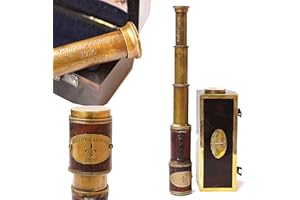 COLLECTIBLESBUY Vintage Brass Marine Telescope with Leather & Wood Handle Pirate Spyglass in Wooden Box Nautical Collectible Scope for Hiking, Camping, Home Decor