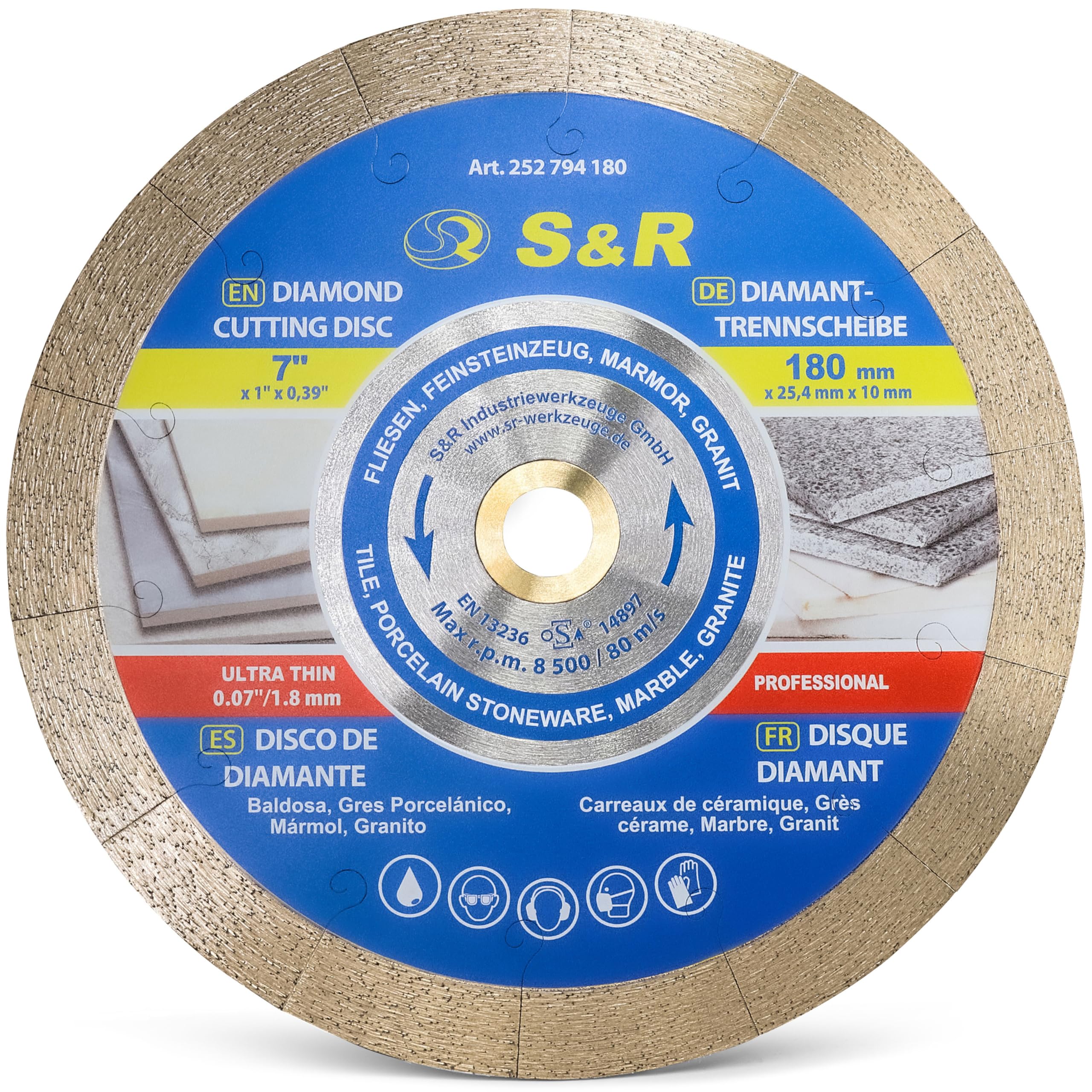 S&R Diamond Cutting Disc 180 x 25.4 x 7 mm (1.6 mm), Diamond Saw Blade for Porcelain, Stoneware, Hard Tiles, Granite