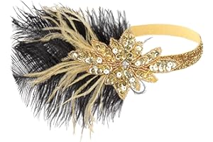 LATIMOON 1920s Flapper Headband Ostrich Feathers Headpiece Roaring 20s Sequins Headband Great Gatsby Hair Accessories for Women