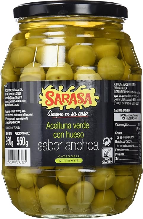 Sarasa Aceituna Verde con Hueso Sabor Anchoa - Paquete de 6 x 1400 gr - Total: 8400 gr