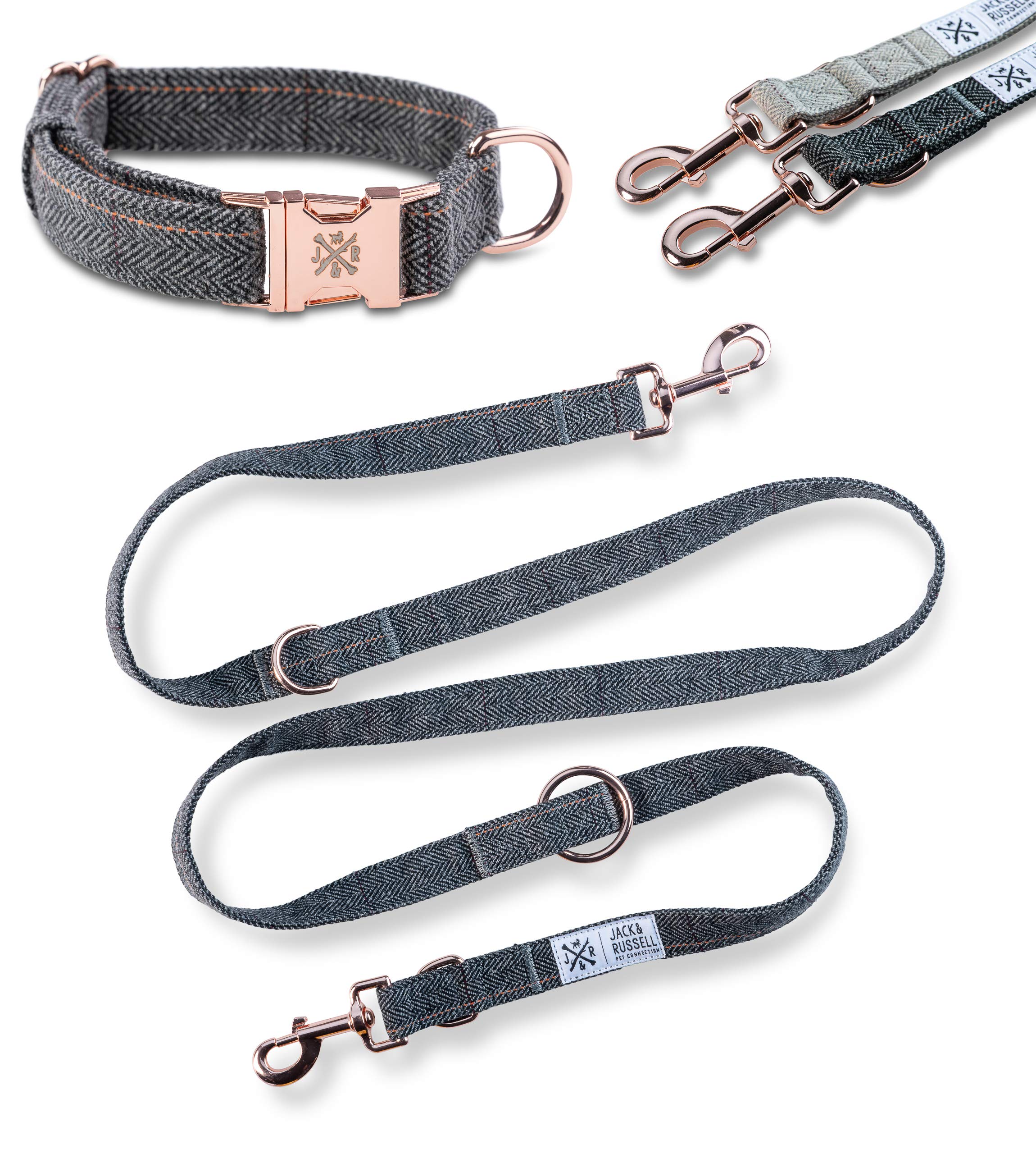 Jack & Russell Tweed Set Dog Lead 2.0 m + Collar with Rose Gold Carabiner – Elegant Multi-Adjustable Dog Lead (L/XL, Dark Grey – Mottled)