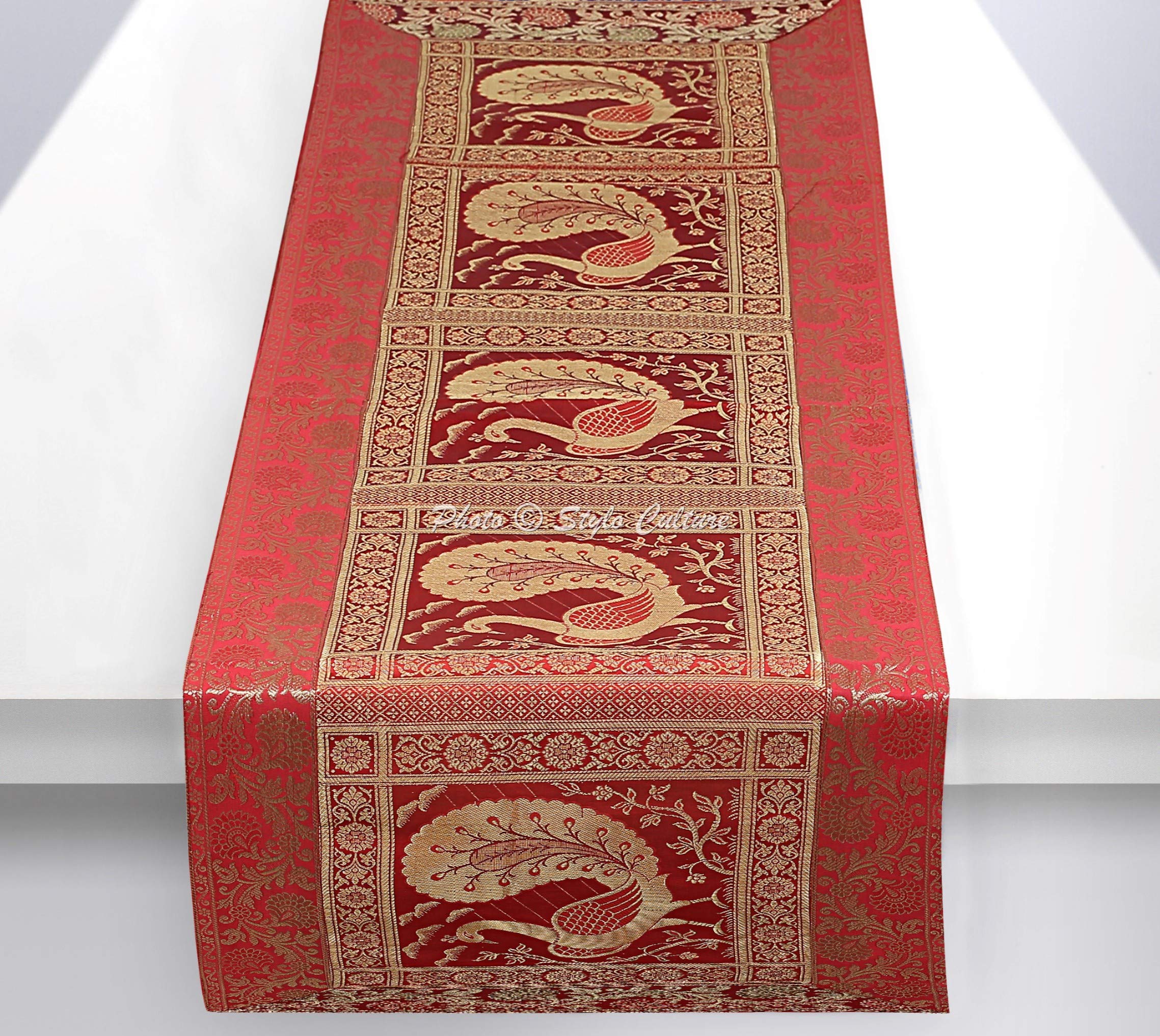 Stylo Culture Bohemian Long Wedding Table Runner Red Gold Peacock Floral Brocade Jacquard Rectangle Home Decor Indian Dining Room Tablecloth | 60x16 Inches ( 152 x 40 cm)
