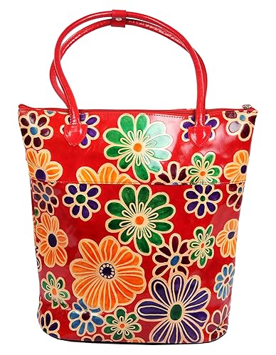 ZINT Hand Tooled Painted Genuine Leather Shoulder Bag Purse Tote Beach Bag Handbag Shantiniketan Tribal Ethnic Boho Red Floral Festival Bag