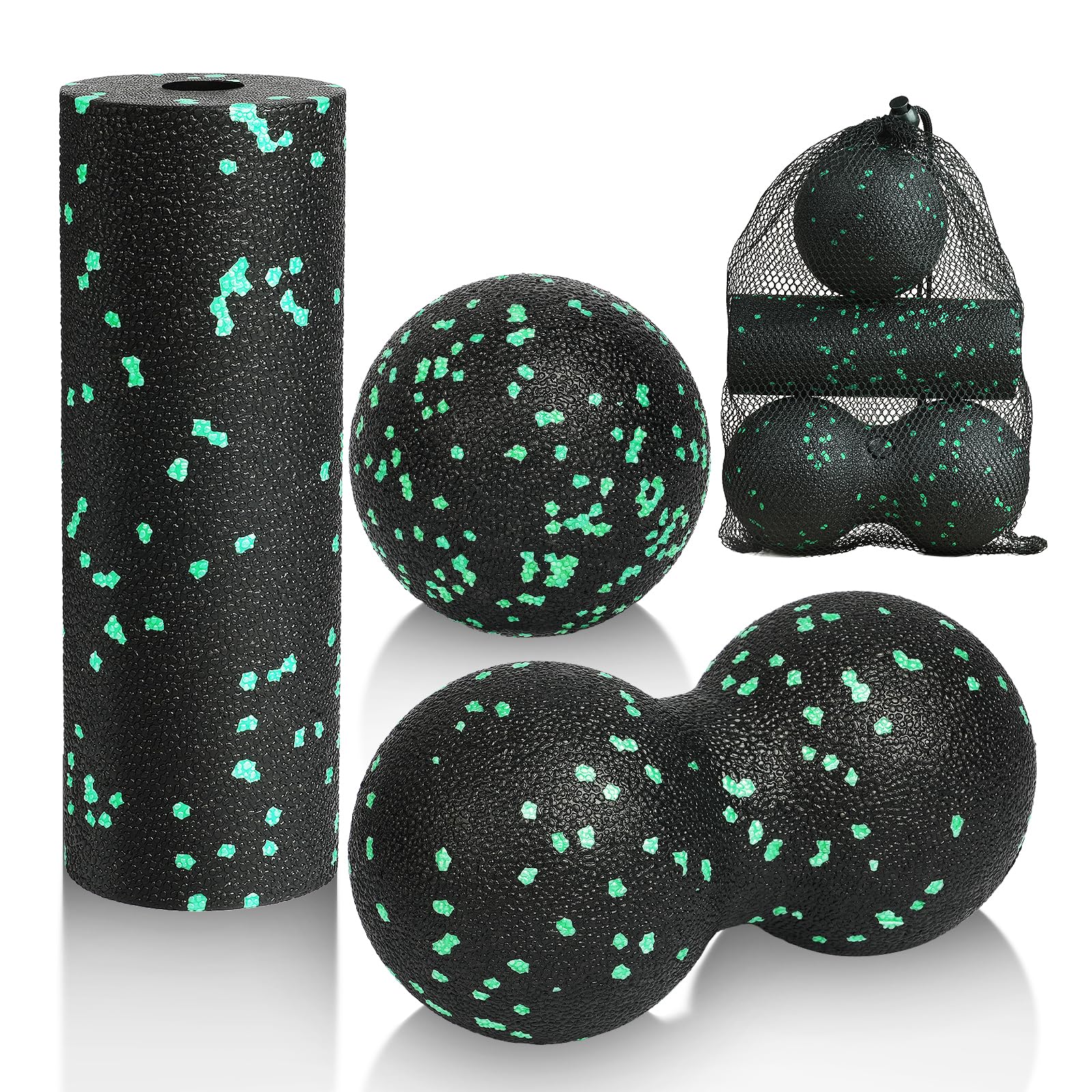 LOPHE 3 Pcs Massage Ball Set, Muscle Massage Foam Roller, Peanut Ball Massage The Fascia, Double Lacrosse Ball, Self Massage Ball with Storage Bag, Relieve Body and Foot Muscle Tension (Green)