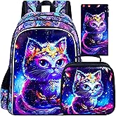 CCJPX 3PCS Cat Backpack for Girls, 16" Kids Preschool School Bookbag with Lunch Box for Toddler Elementary Kindergarten