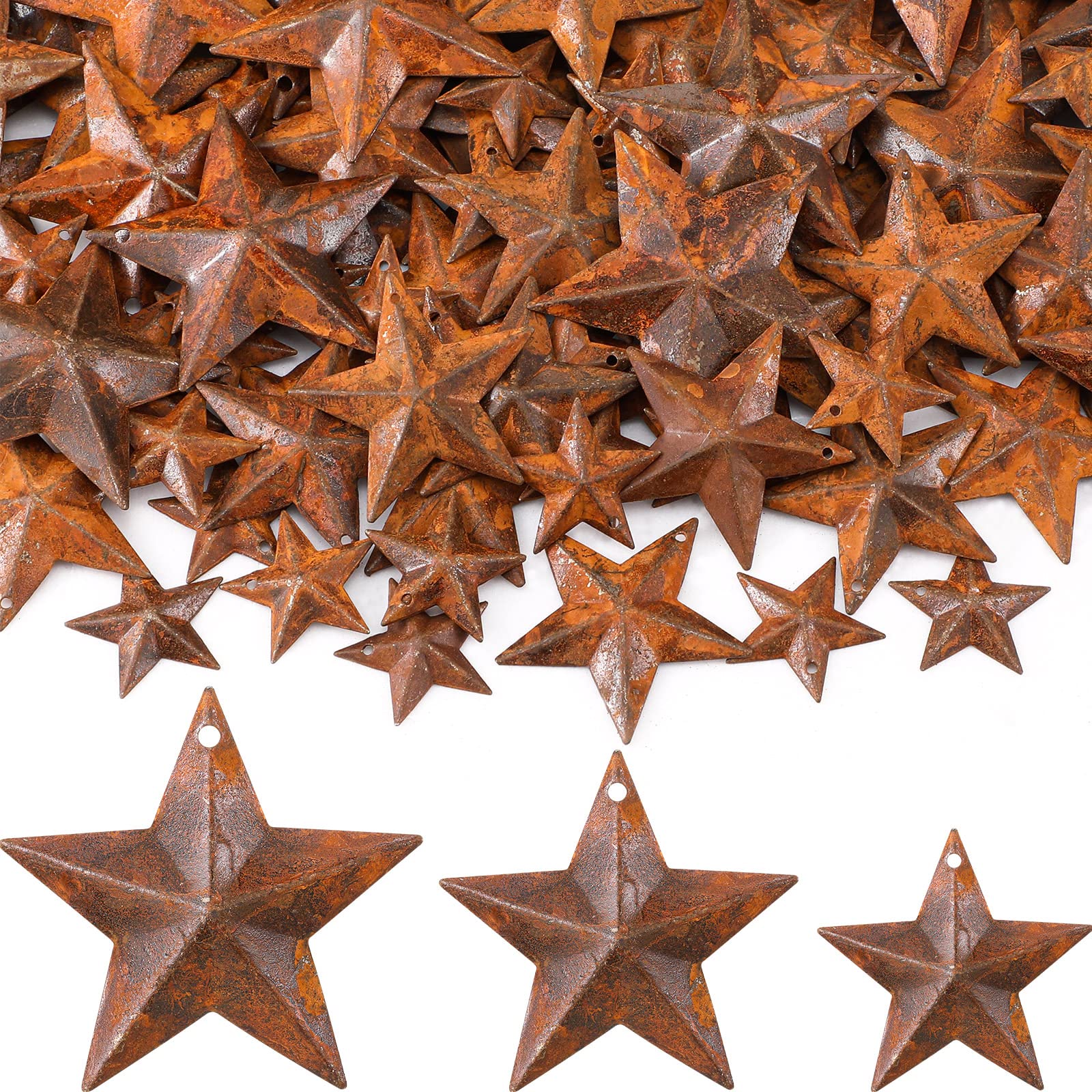 Photect 200 Pcs Mini Metal Rustic Stars for Crafts Small Christmas 3D Stars Vintage Mini Metal Star Ornaments with Hole Hollow Back for Christmas Home Decor 1.2/1.8/2.2 Inch(Rusty)