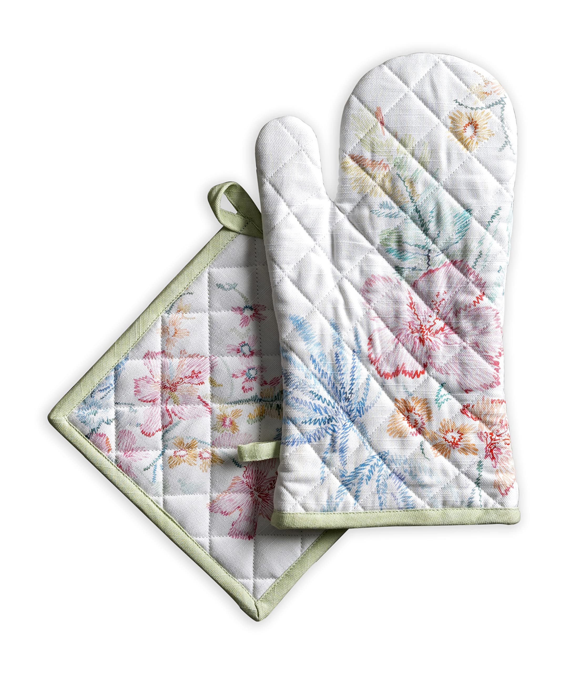 Maison d' Hermine 100% Cotton Oven Mitt & Pot Holder Set (19 x 33 cm & 20 x 20cm) Heat Resistant BBQ Cooking Gloves with Loop, Baking, Grilling, Handling Hot Pans Spring/Summer (Paradise Island)