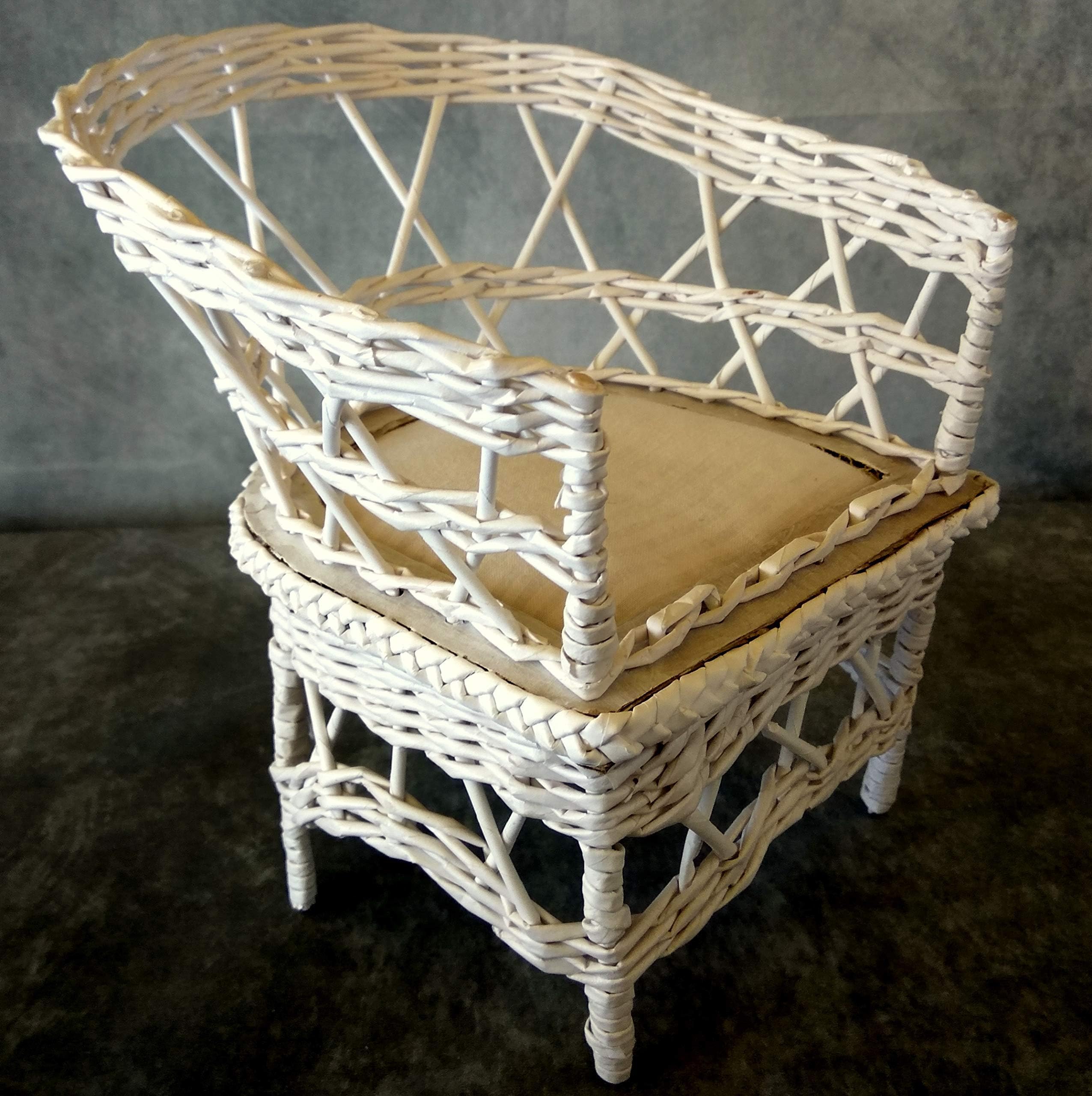 Wicker chair for doll, white shabby miniature patio dollhouse furniture. Fashion elegant soft handmade