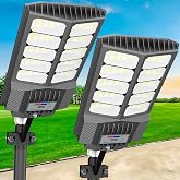 loyoele Solar Street Light with Pole Mount, Dusk-to-Dawn Outdoor LED, 300000 LM, 7000K IP67 Waterproof, Adjustable Modes, for Yard, Parking Lot, Street, Pathway
